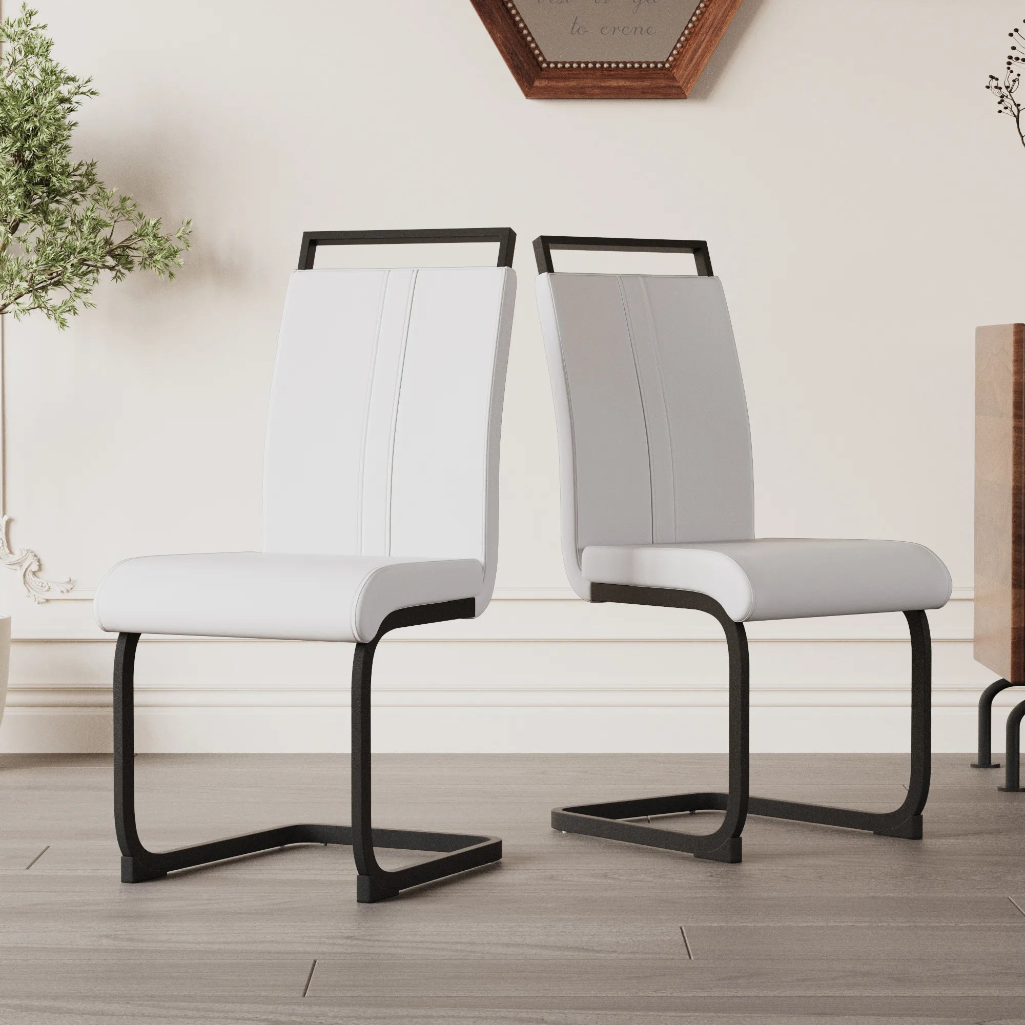Modern White PU Leather Dining Chair Set With High Back And C-shaped Base