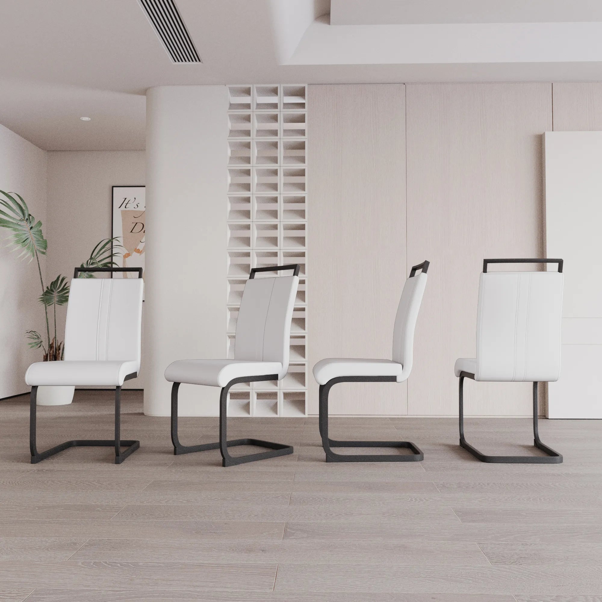 Modern White PU Leather Dining Chair Set With High Back And C-shaped Base