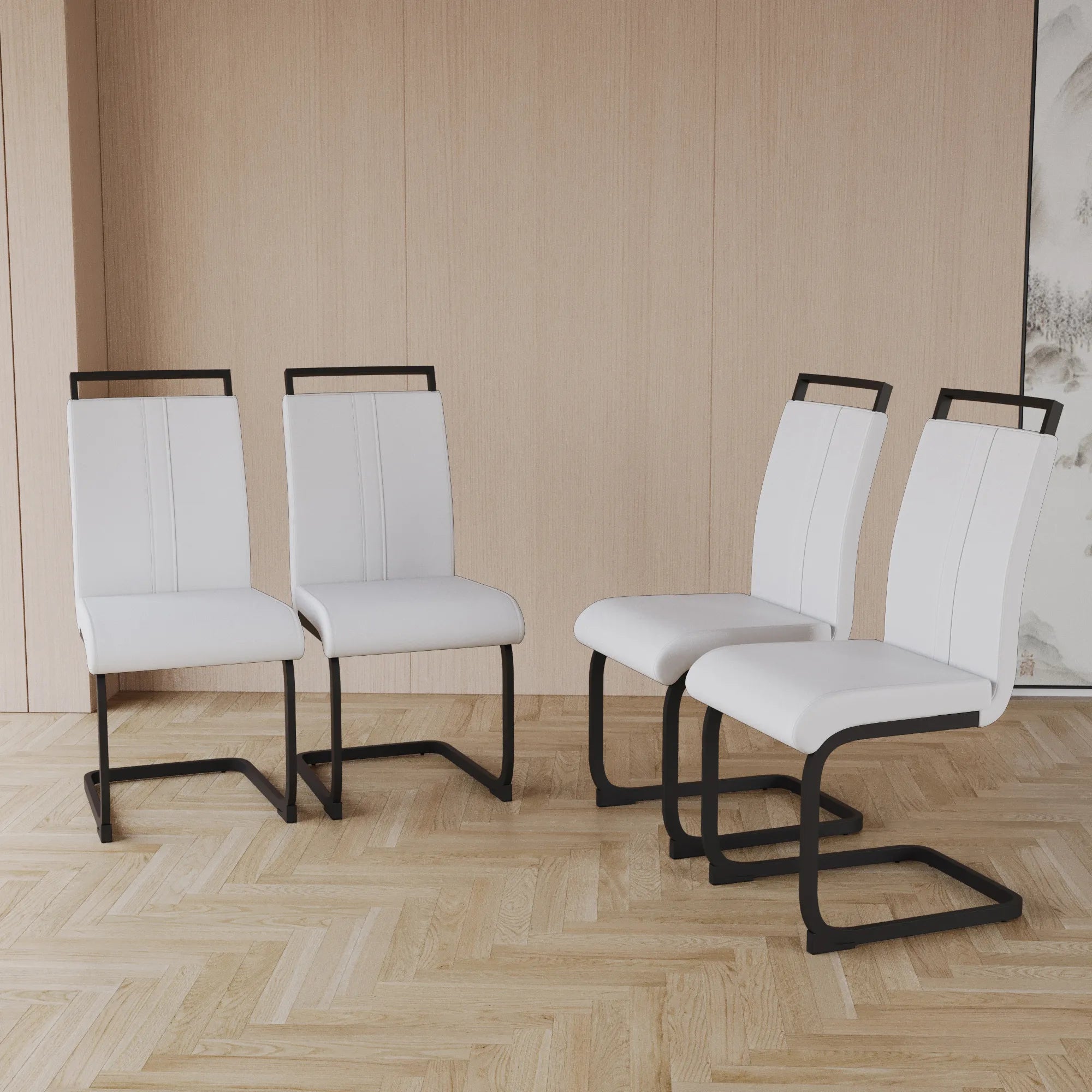Modern White PU Leather Dining Chair Set With High Back And C-shaped Base