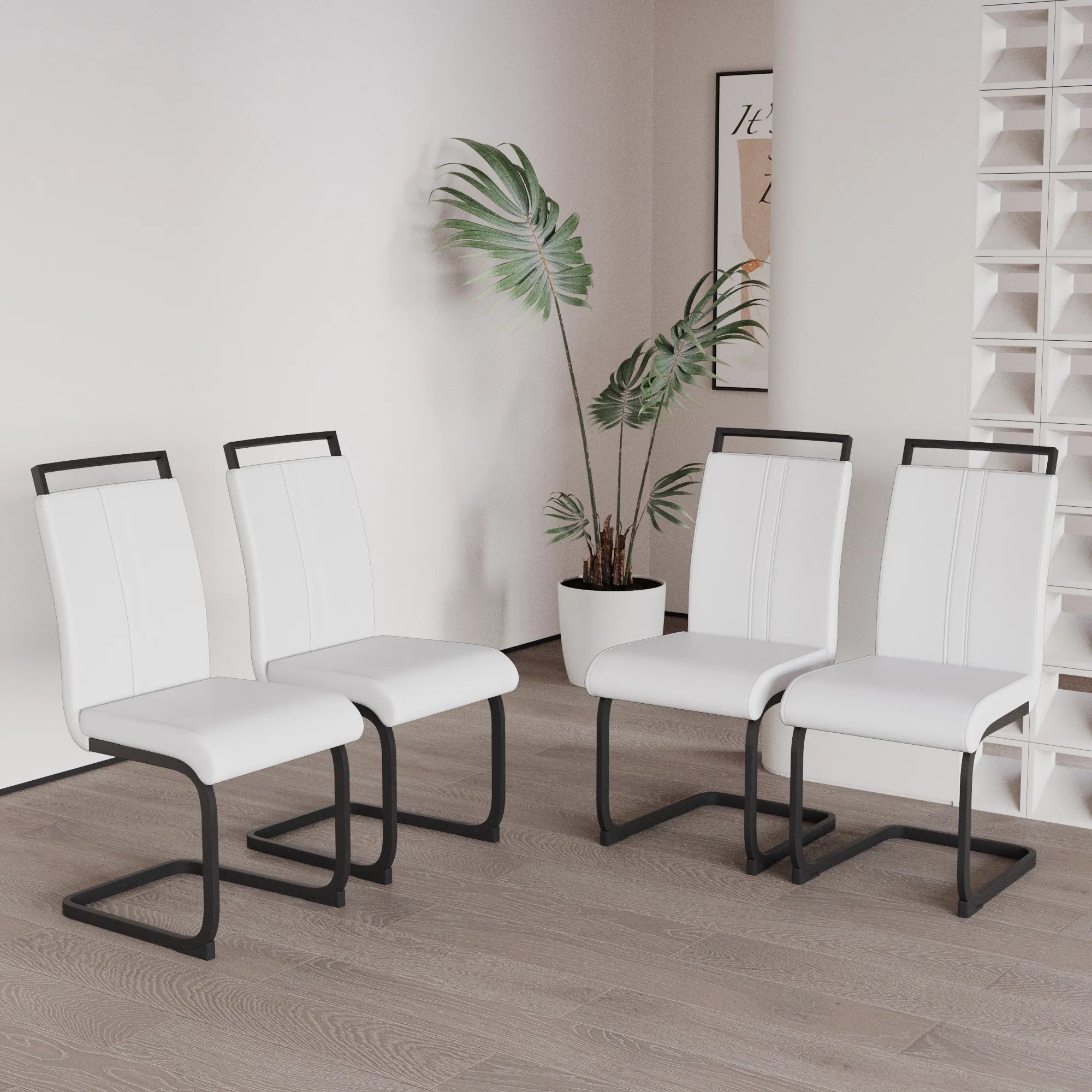 Modern White PU Leather Dining Chair Set With High Back And C-shaped Base