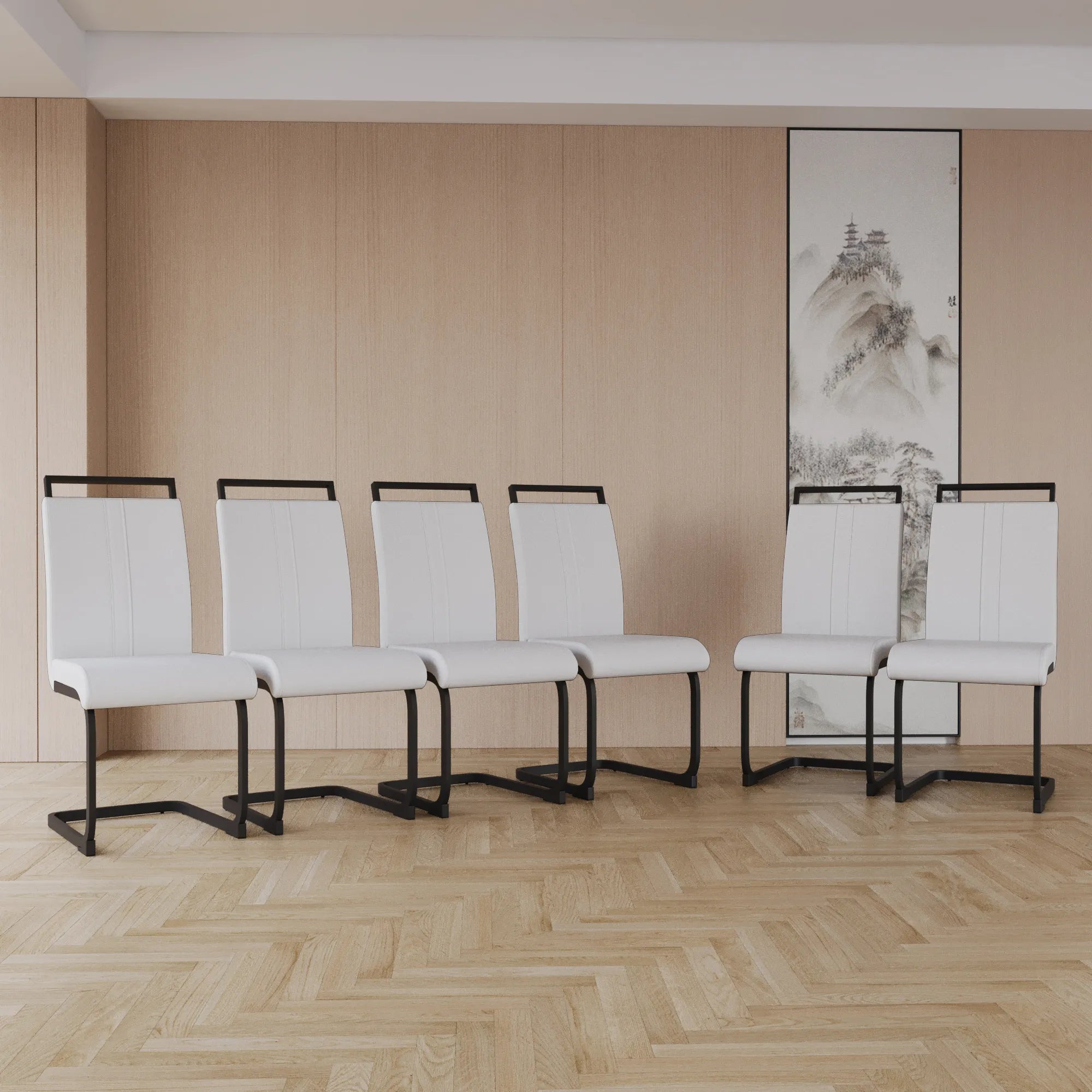 Modern White PU Leather Dining Chair Set With High Back And C-shaped Base