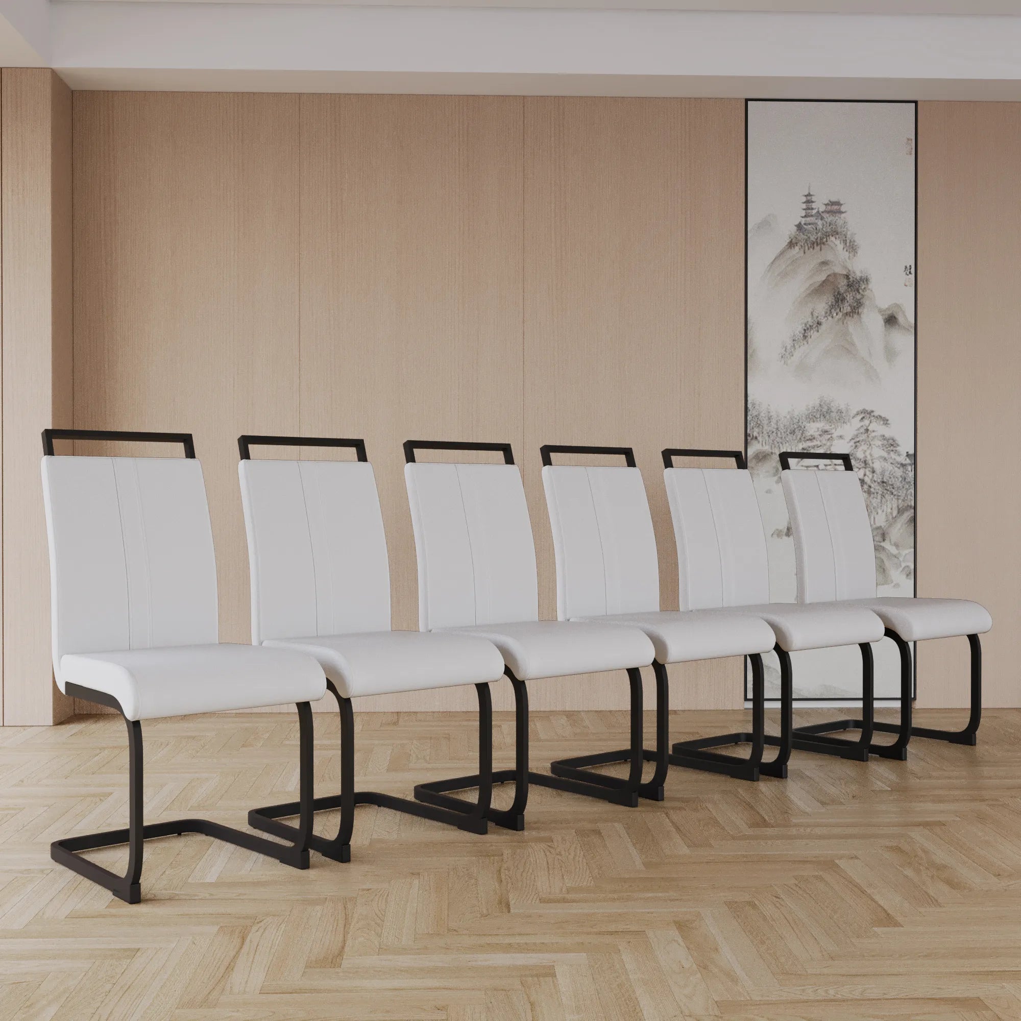 Modern White PU Leather Dining Chair Set With High Back And C-shaped Base