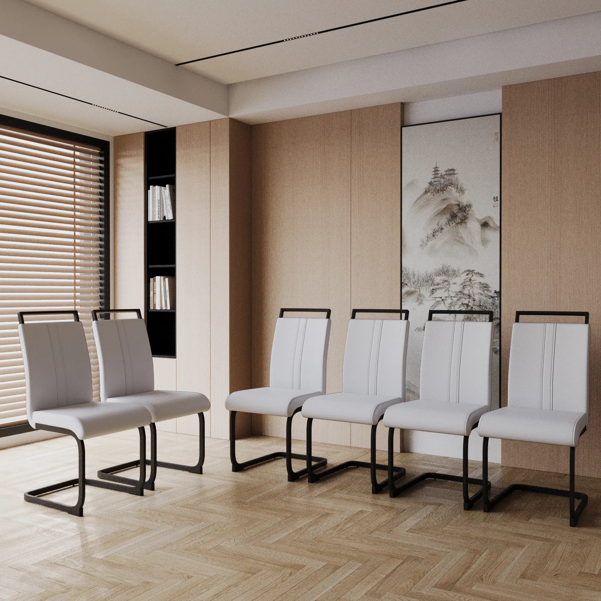Modern White PU Leather Dining Chair Set With High Back And C-shaped Base