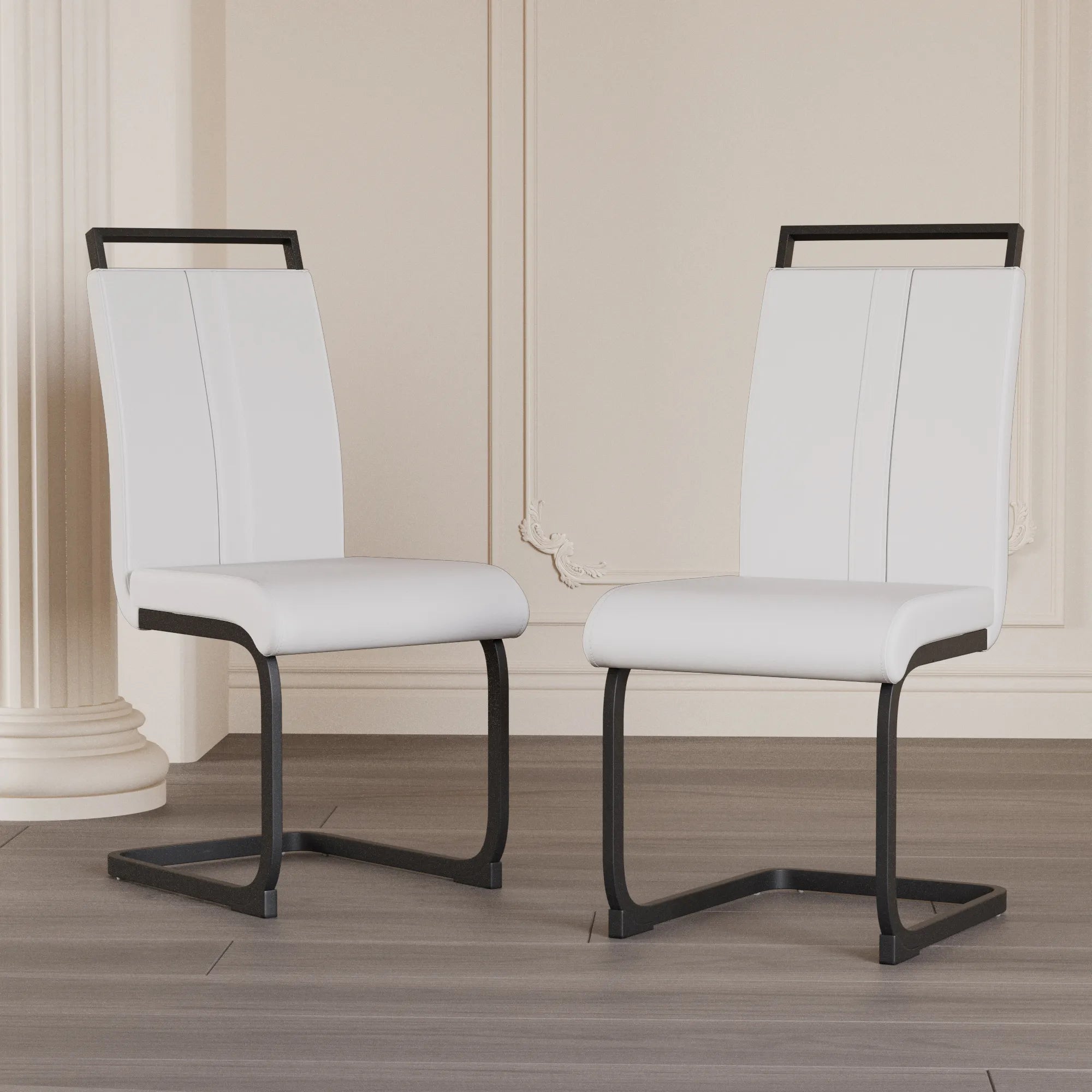 Modern White PU Leather Dining Chair Set With High Back And C-shaped Base