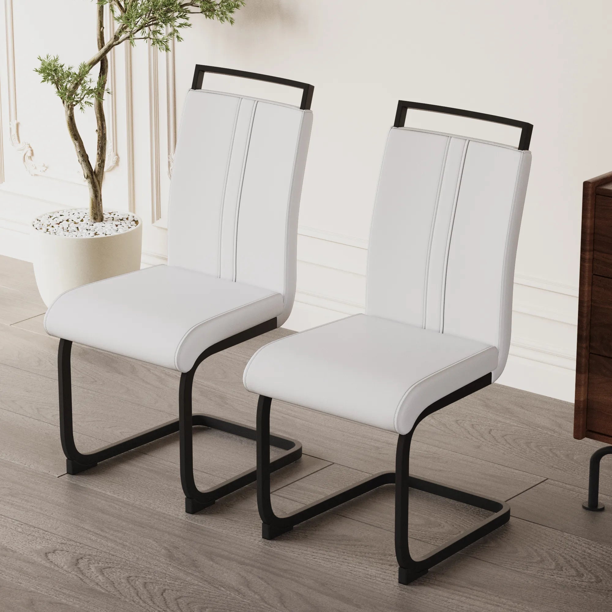 Modern White PU Leather Dining Chair Set With High Back And C-shaped Base