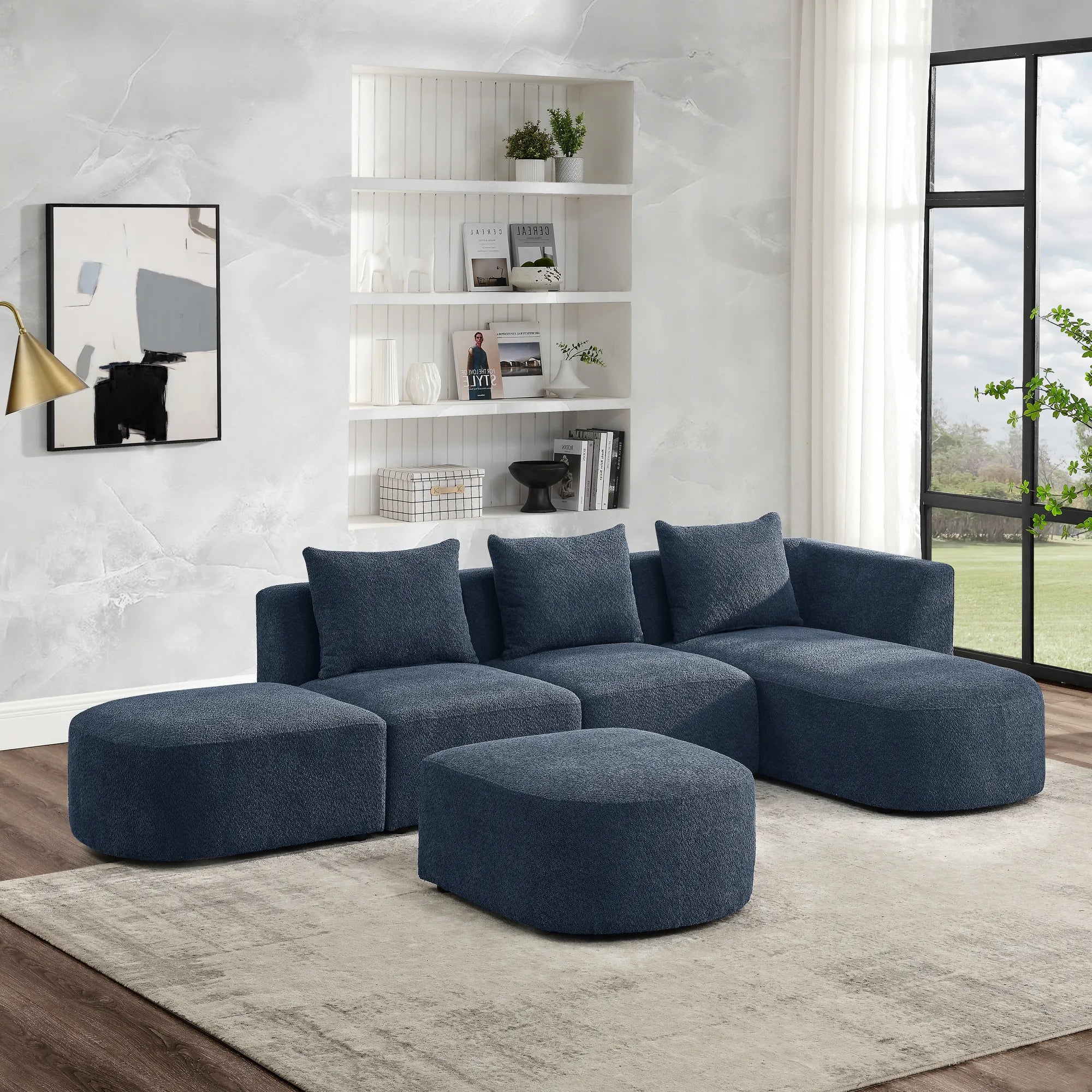 Navy Blue Modern Modular Sofa with Chaise and Ottoman