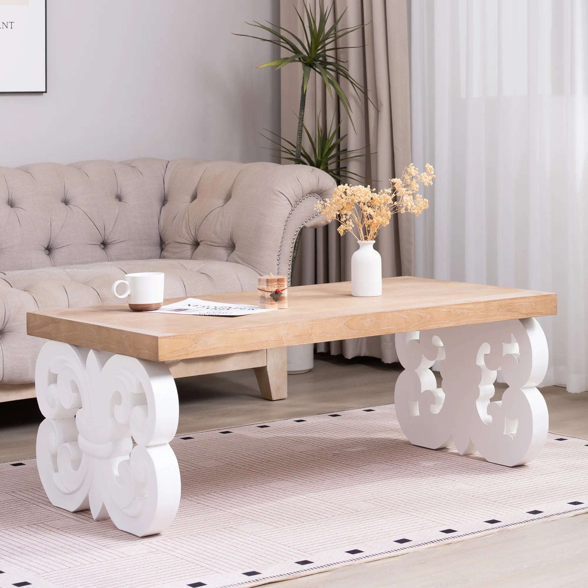 Ornate Farmhouse Coffee Table with Carved Base