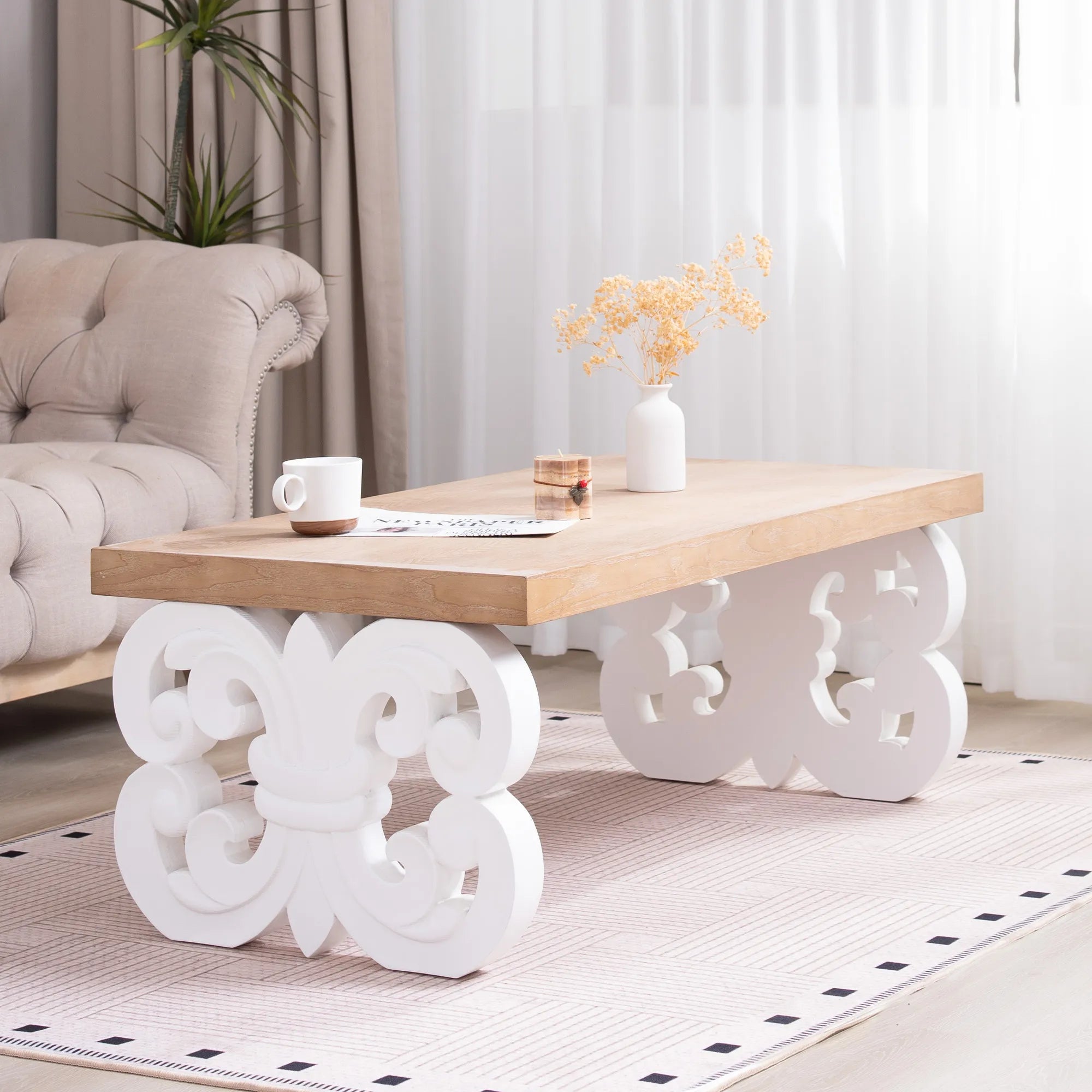 Ornate Farmhouse Coffee Table with Carved Base