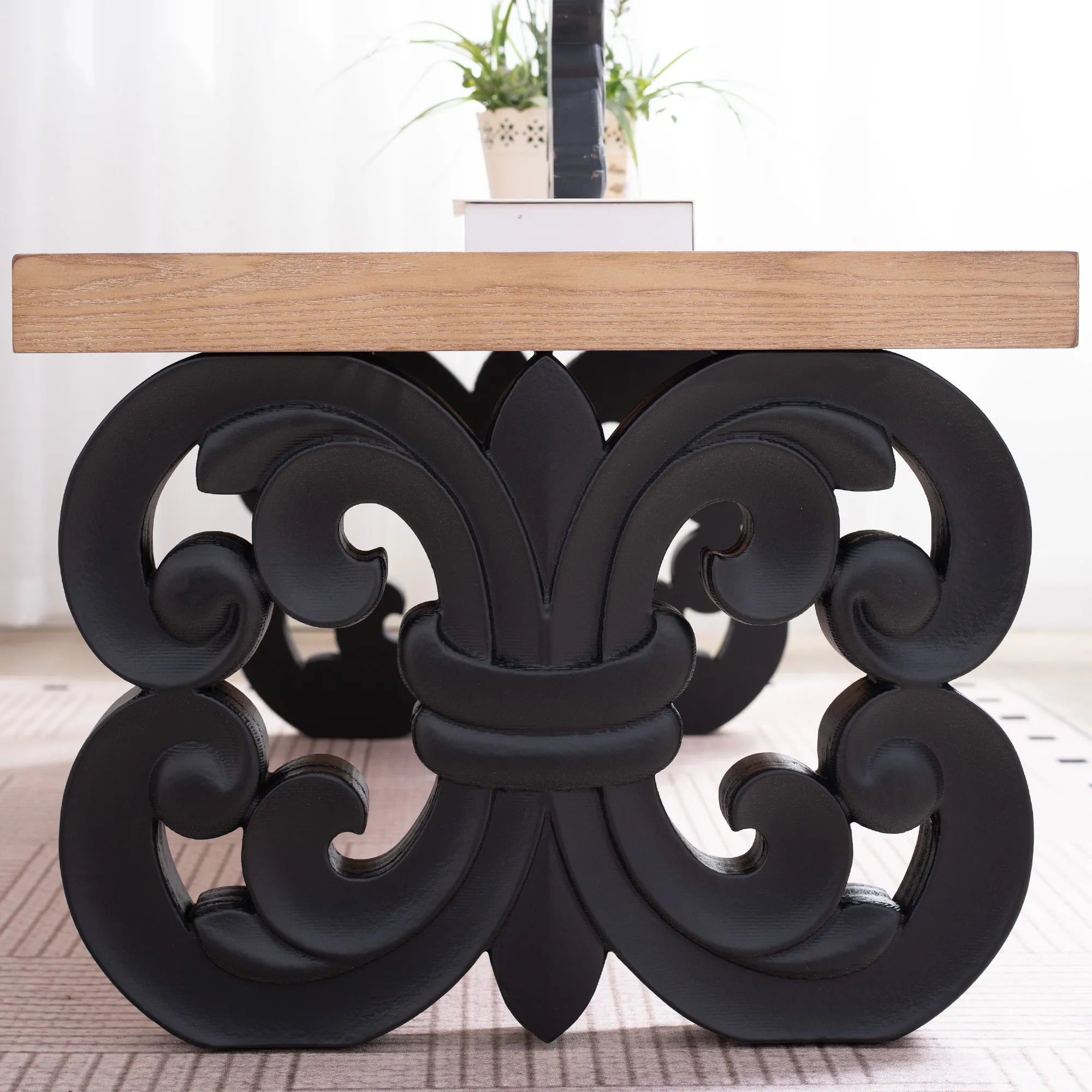 Ornate Farmhouse Coffee Table with Carved Base