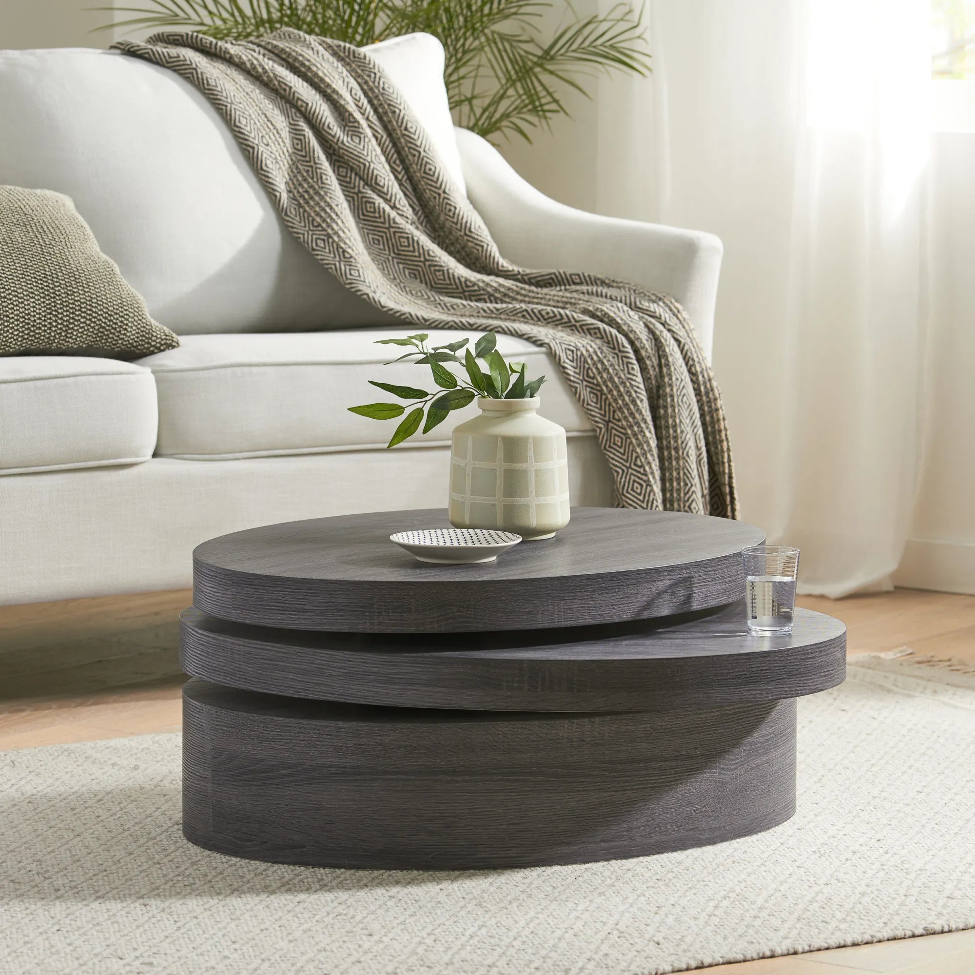 Oval Shape Modern Coffee Table with Rotating Top
