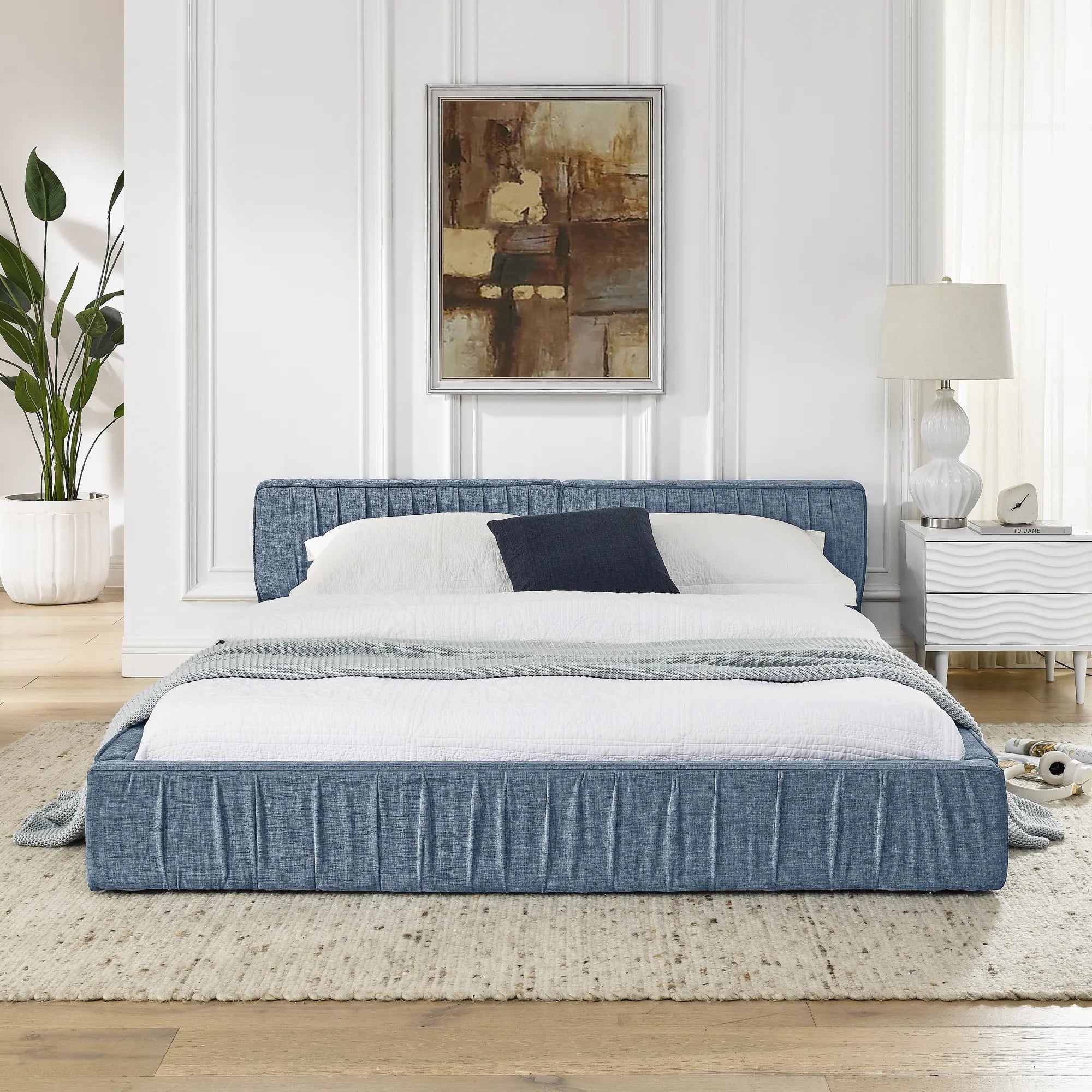 Platform Bed Frame With Chenille Pleated Design