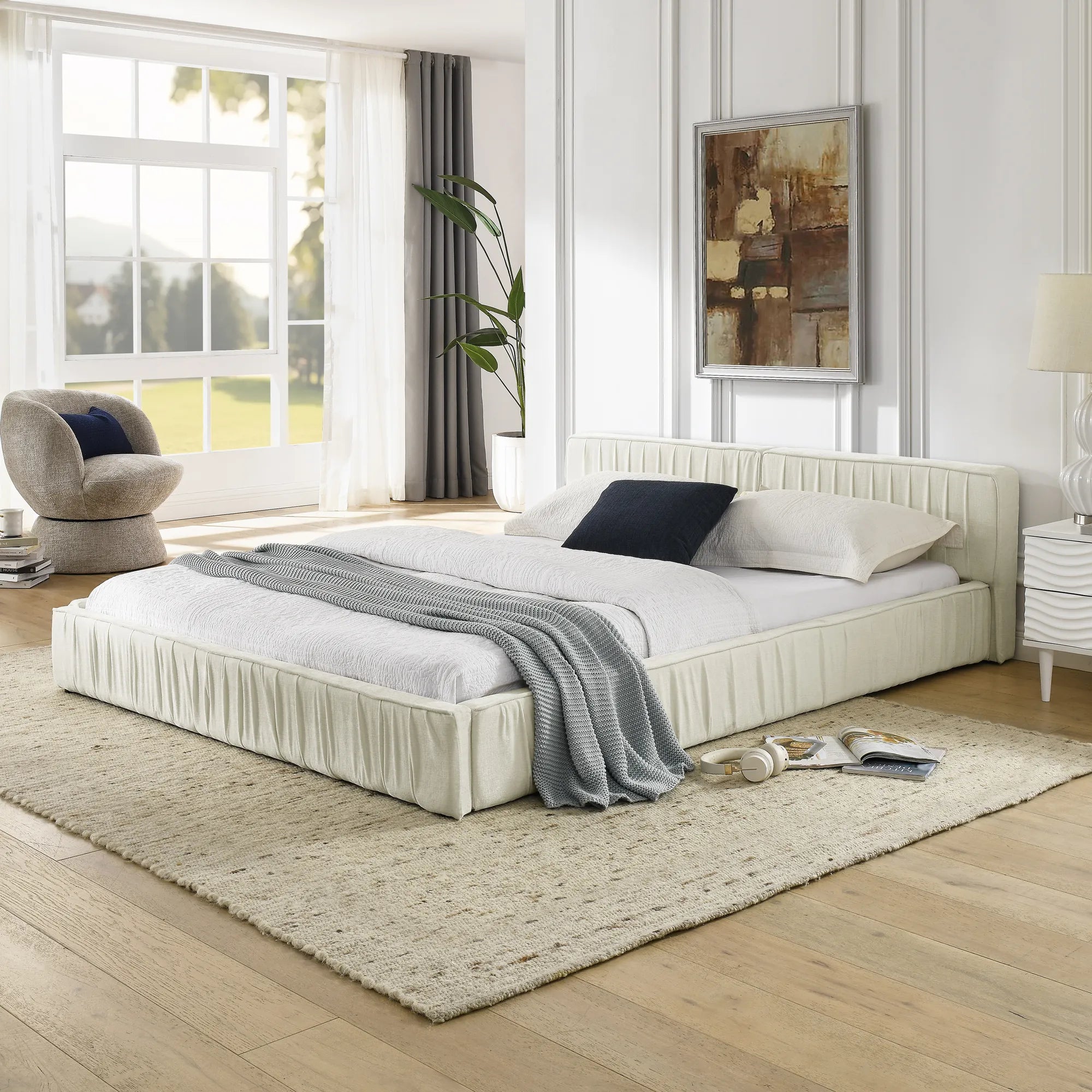 Platform Bed Frame With Chenille Pleated Design