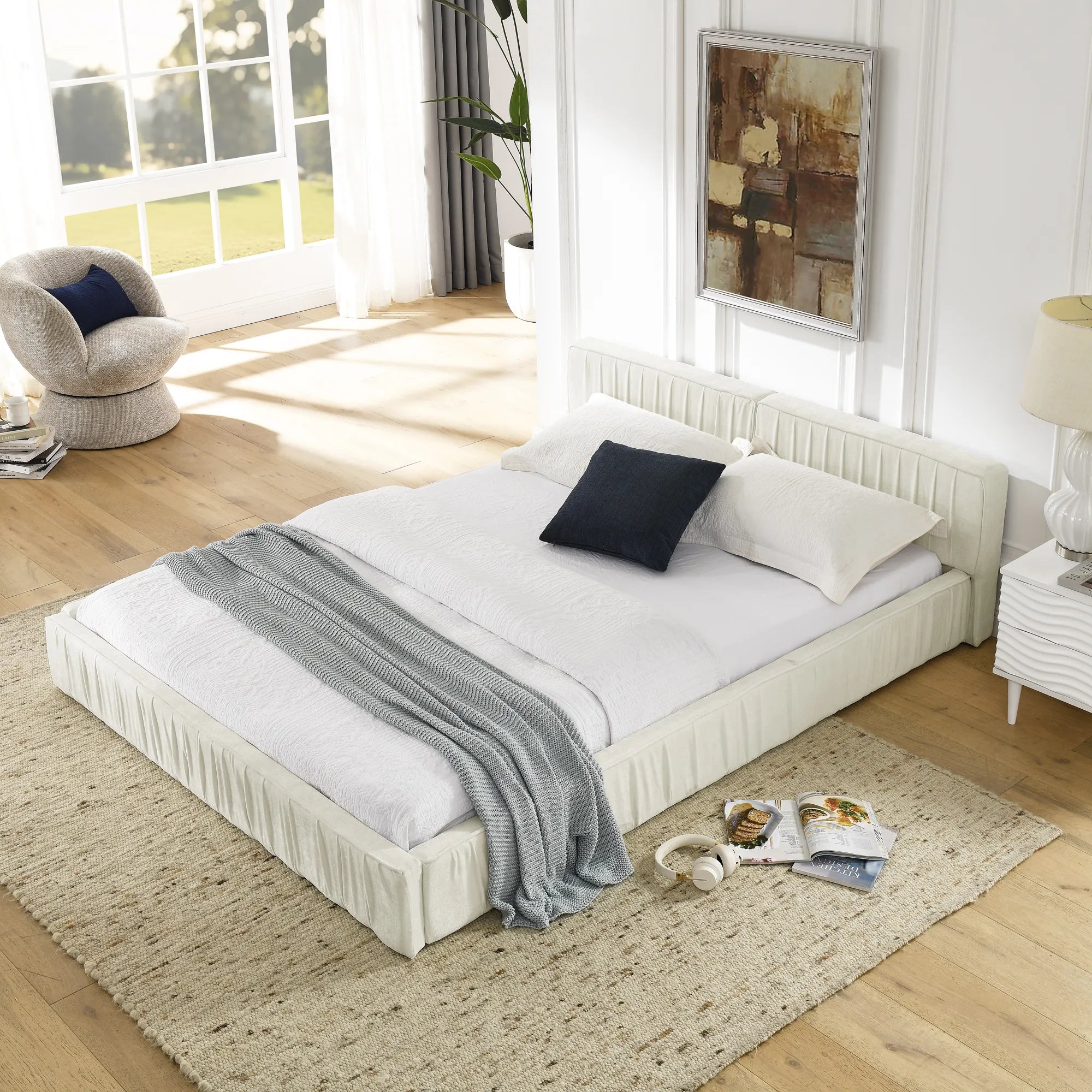 Platform Bed Frame With Chenille Pleated Design