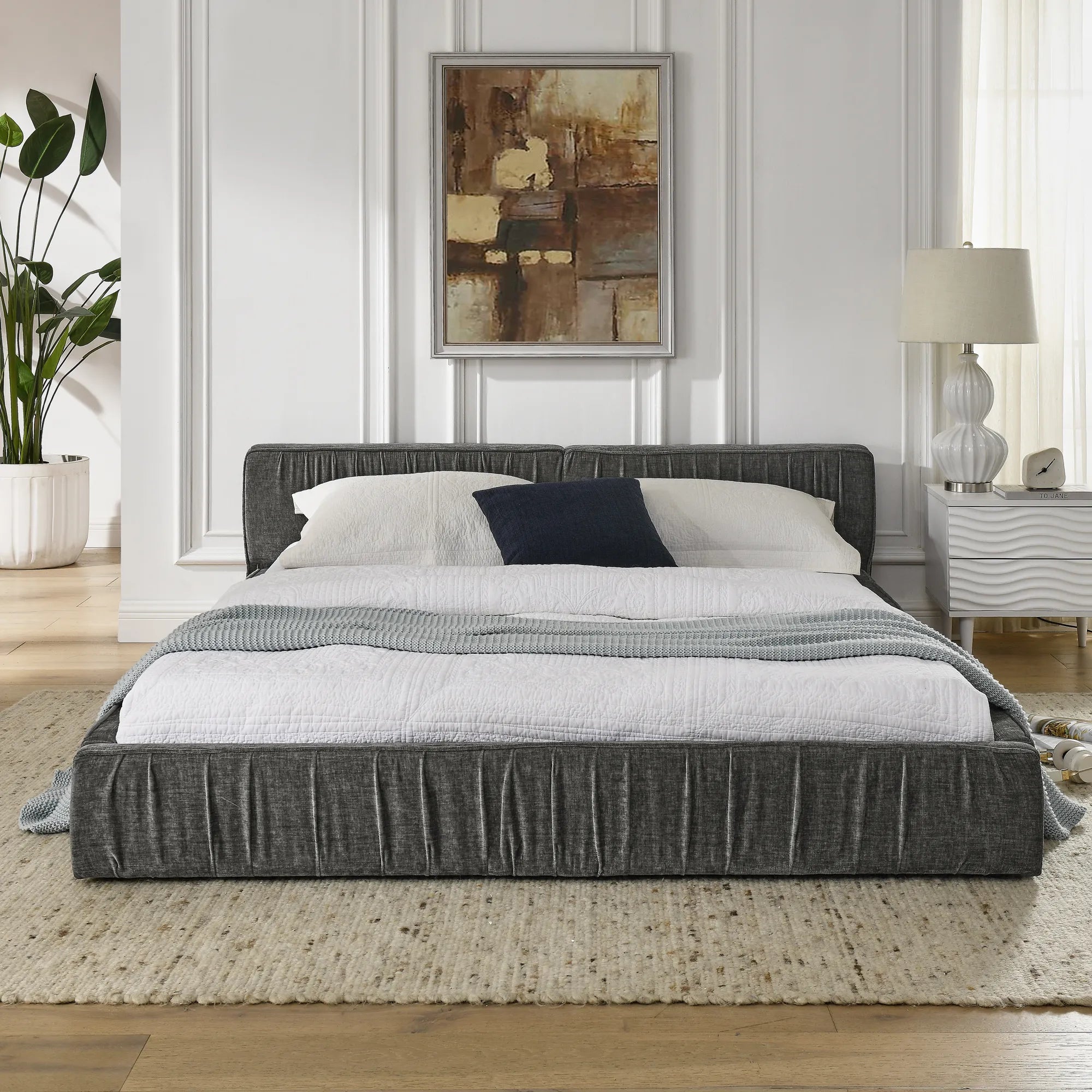 Platform Bed Frame With Chenille Pleated Design
