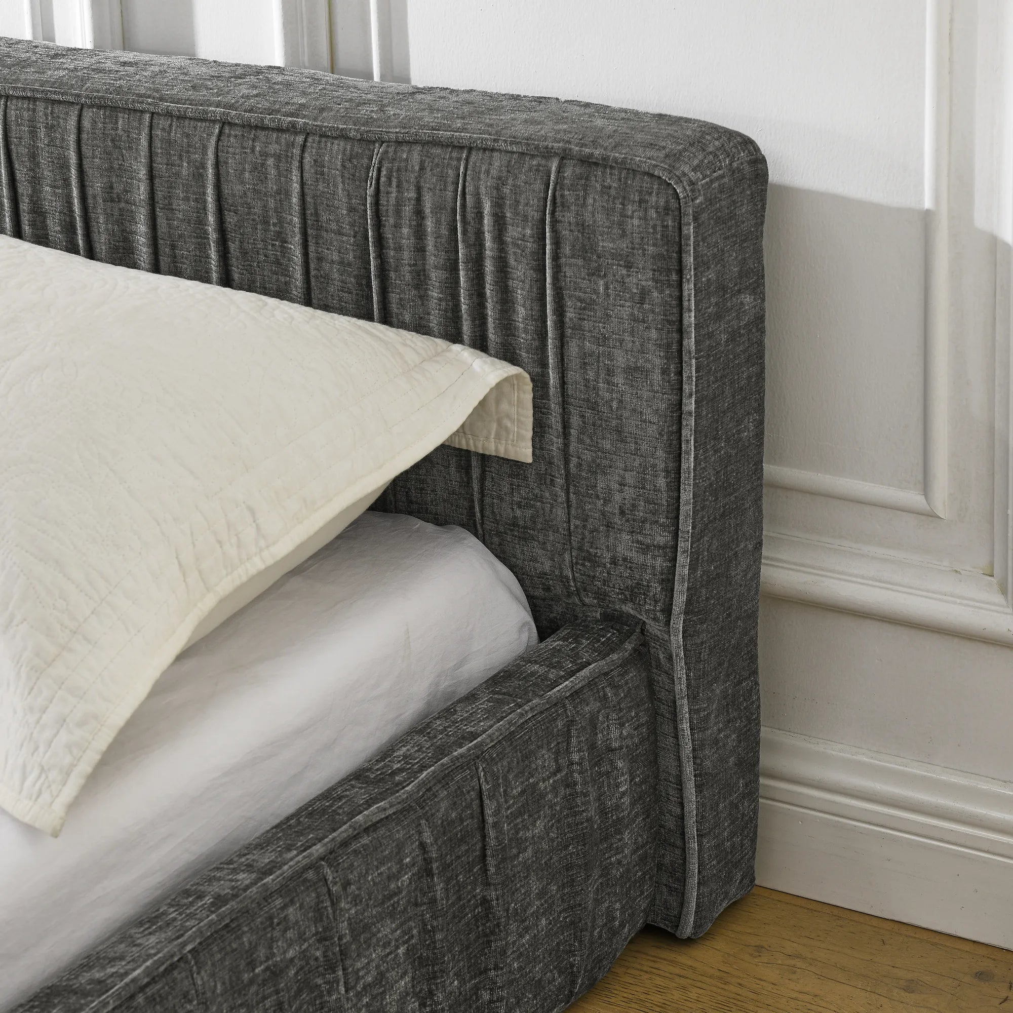 Platform Bed Frame With Chenille Pleated Design