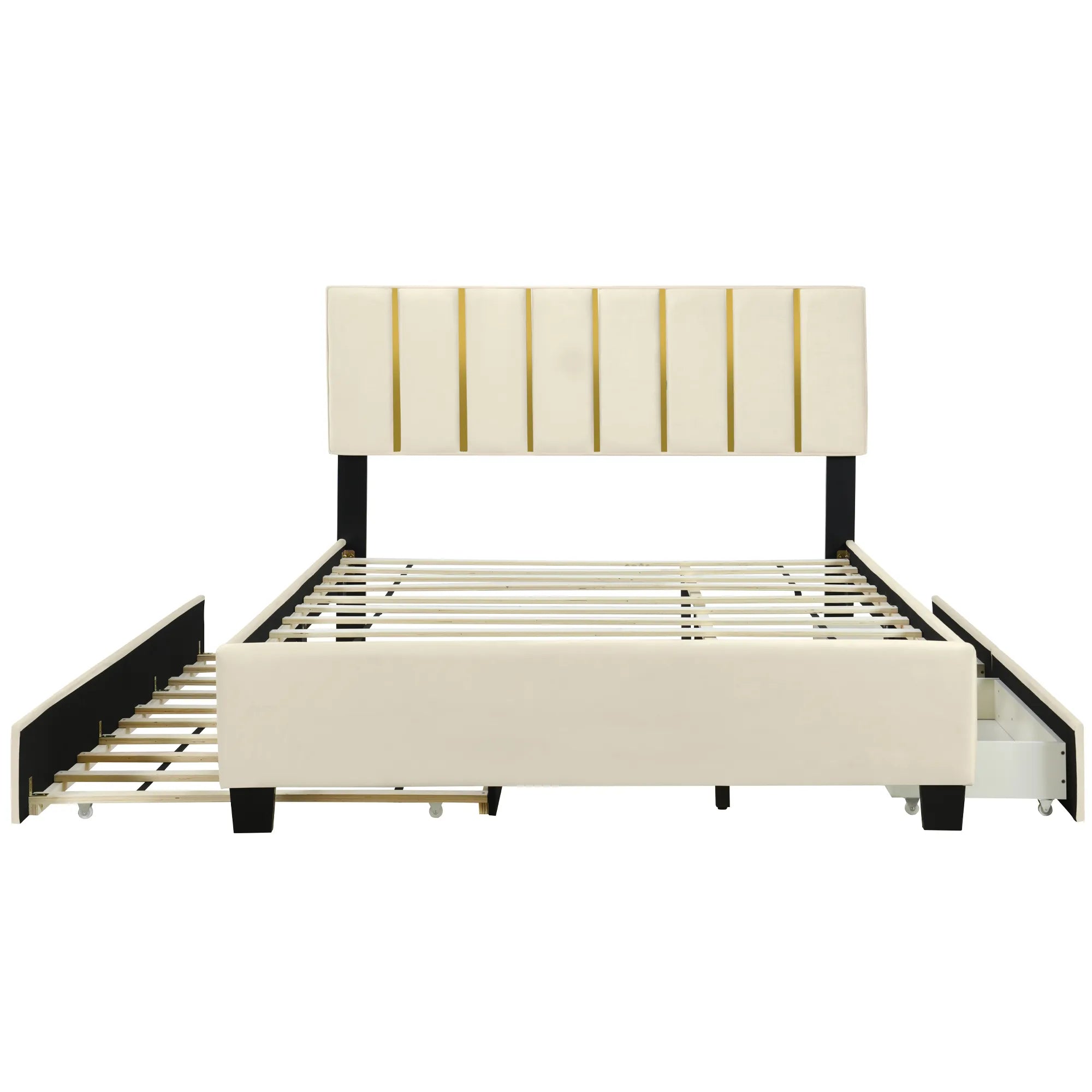 Queen Size Upholstered Bed Frame with Drawers and Trundle