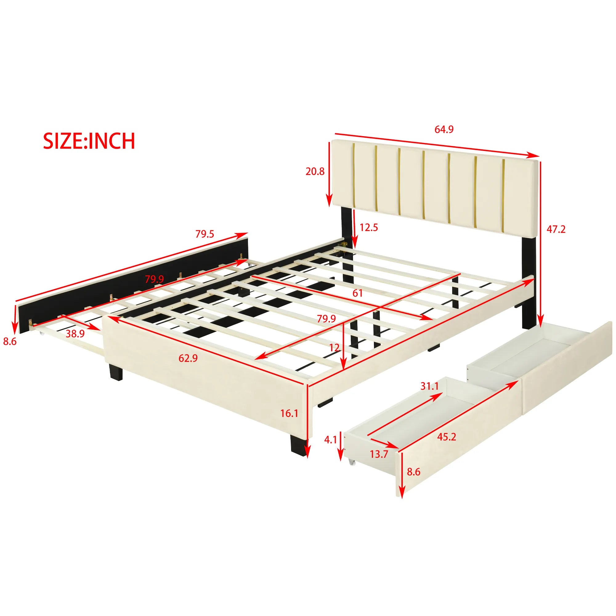 Queen Size Upholstered Bed Frame with Drawers and Trundle