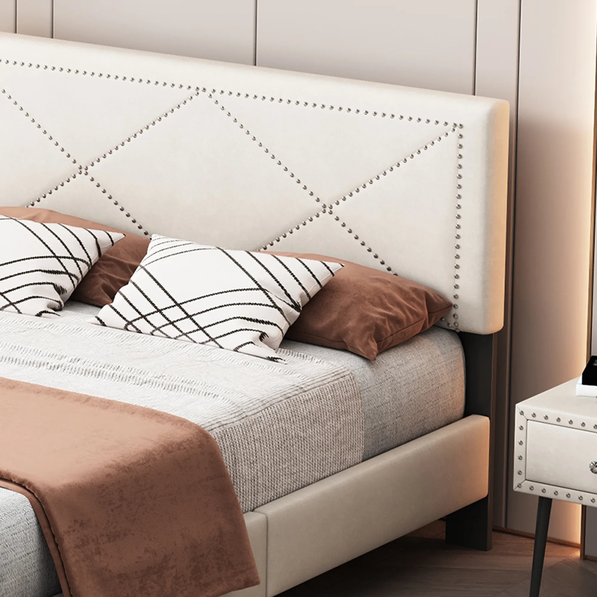 Queen Size Upholstered Modern Bed Frame with Rivet Design