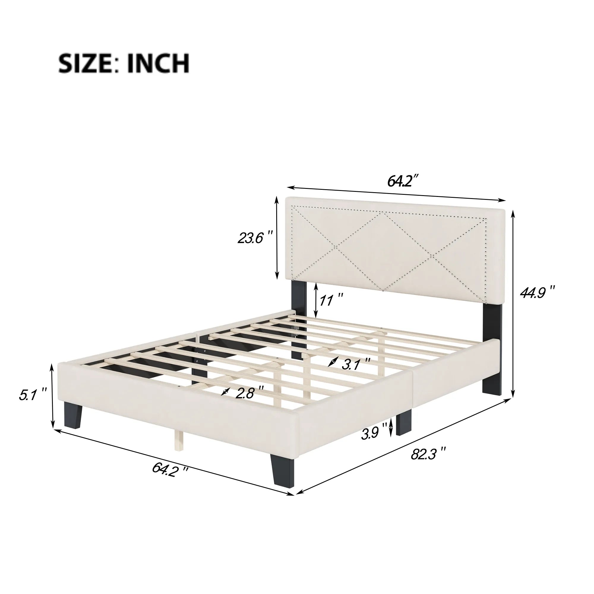 Queen Size Upholstered Modern Bed Frame with Rivet Design