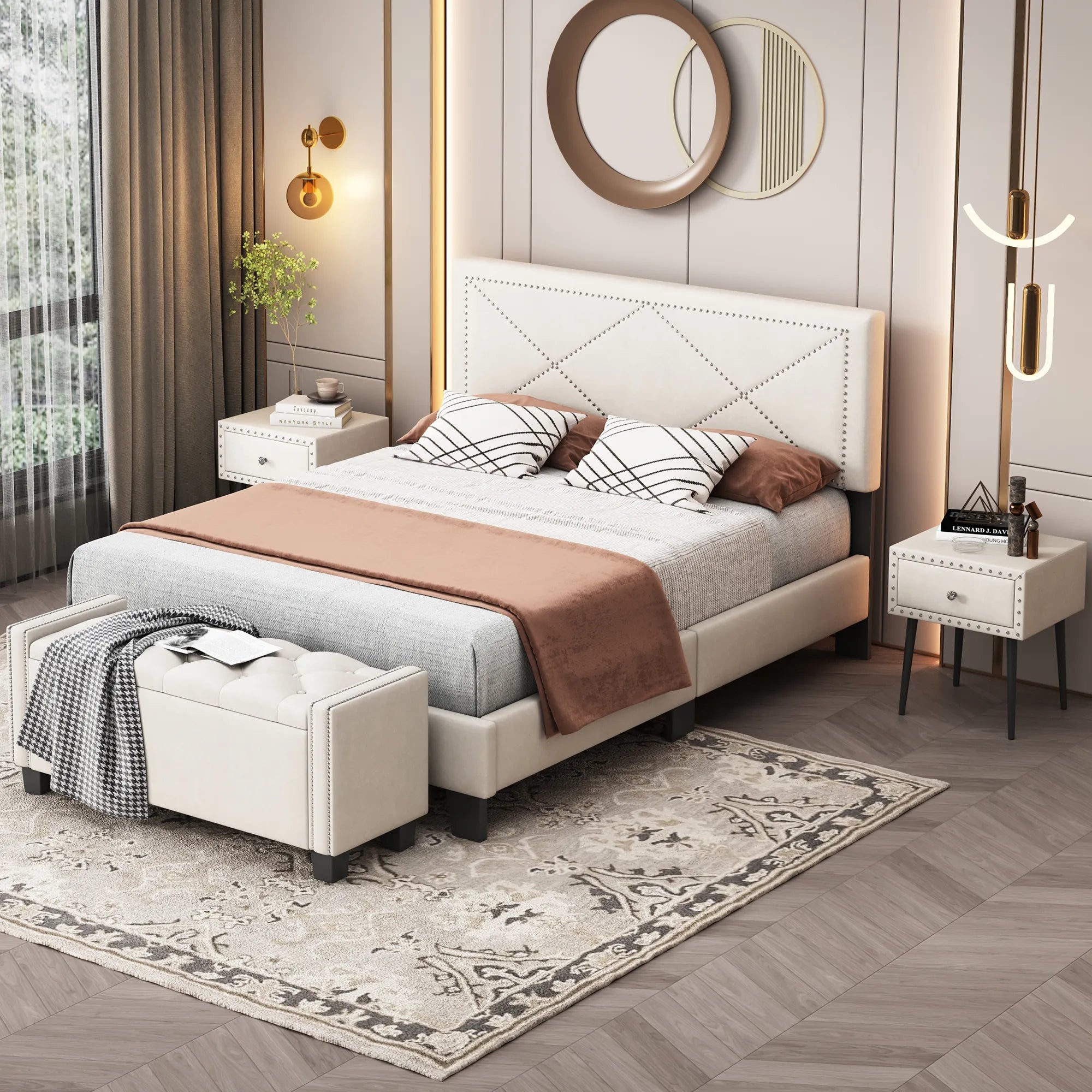Queen Size Upholstered Modern Bed Frame with Rivet Design