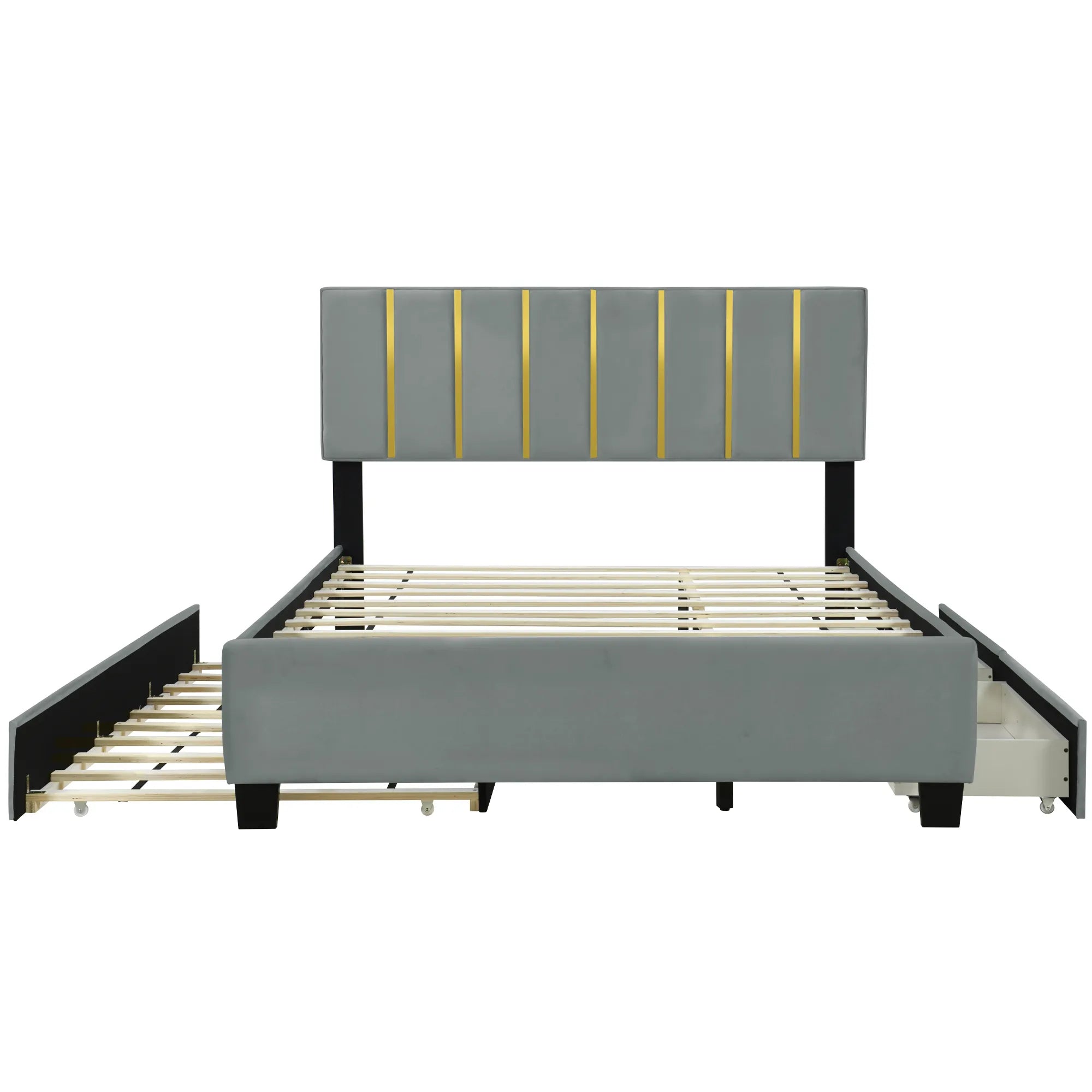 Queen Size Upholstered Bed Frame with Drawers and Trundle