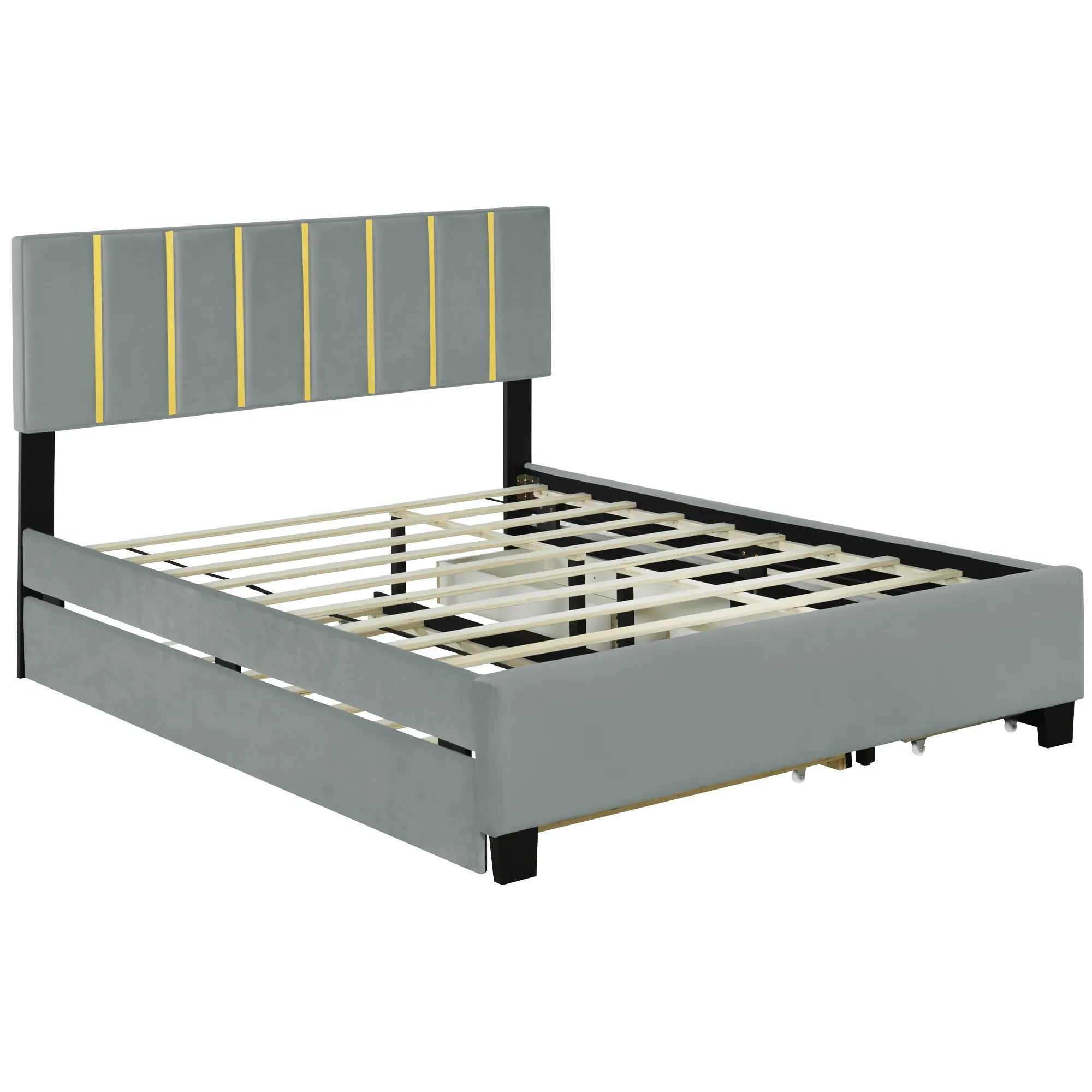 Queen Size Upholstered Bed Frame with Drawers and Trundle