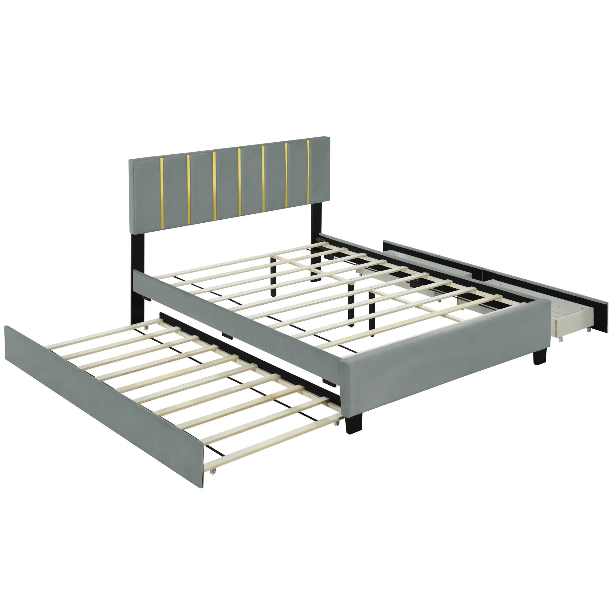 Queen Size Upholstered Bed Frame with Drawers and Trundle