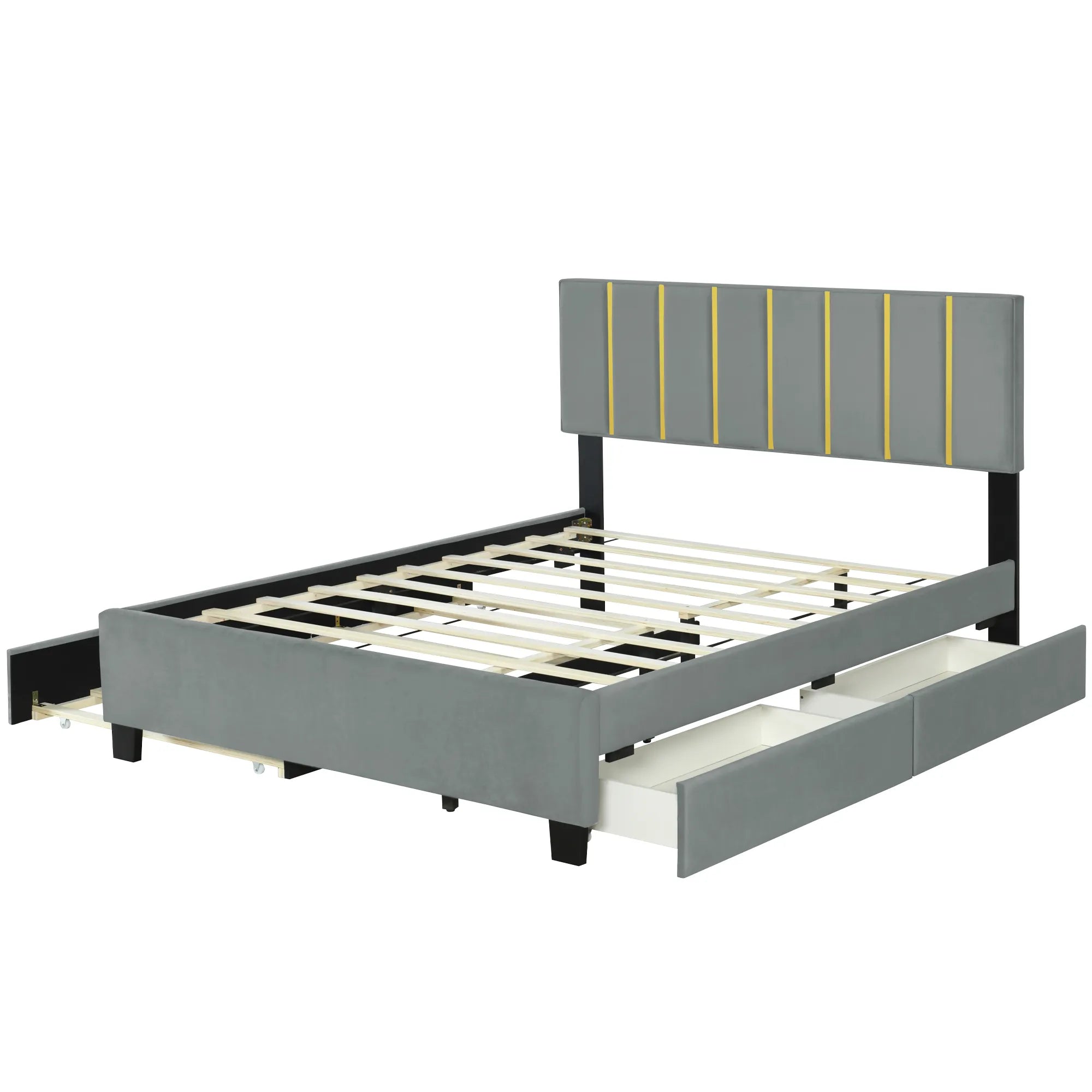Queen Size Upholstered Bed Frame with Drawers and Trundle