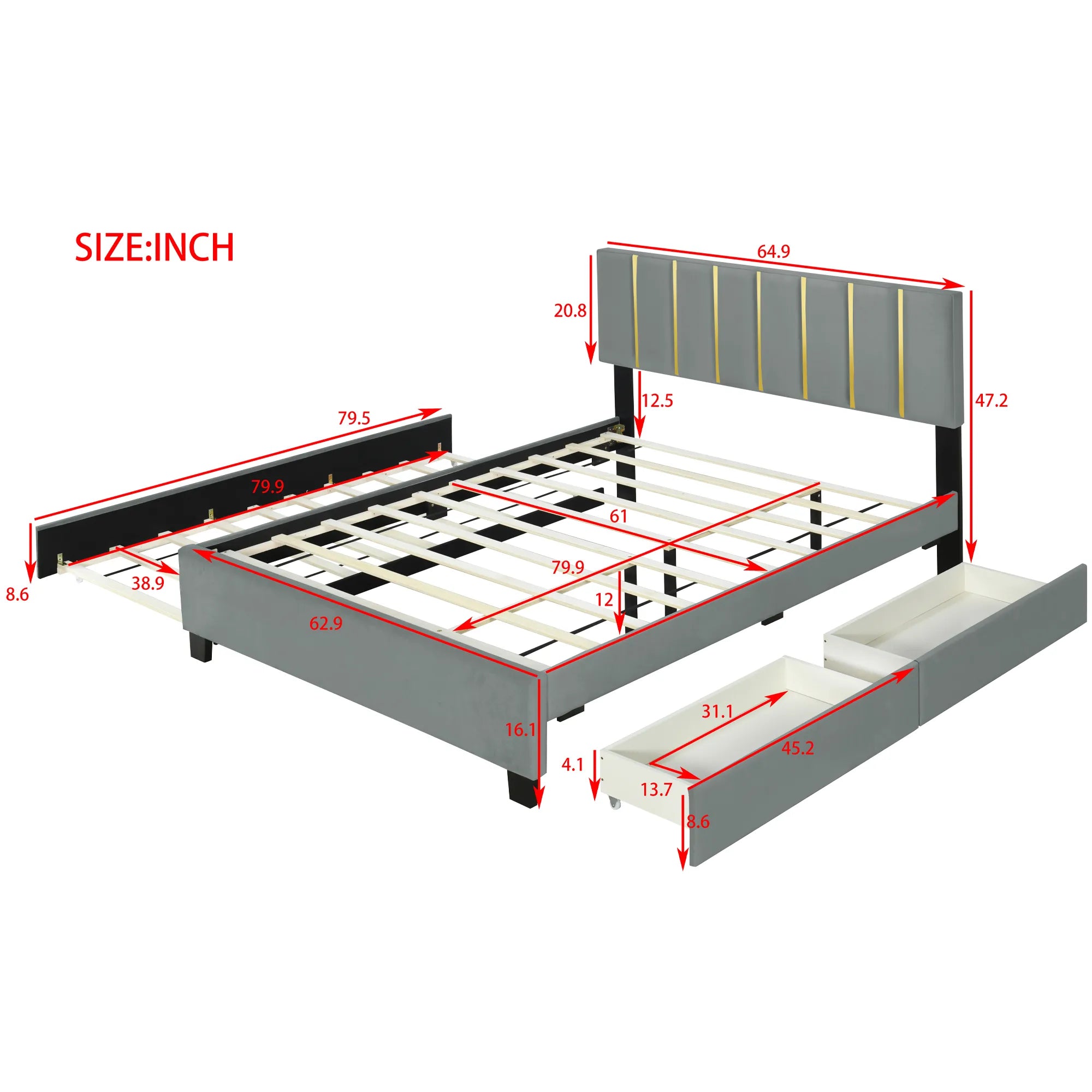 Queen Size Upholstered Bed Frame with Drawers and Trundle