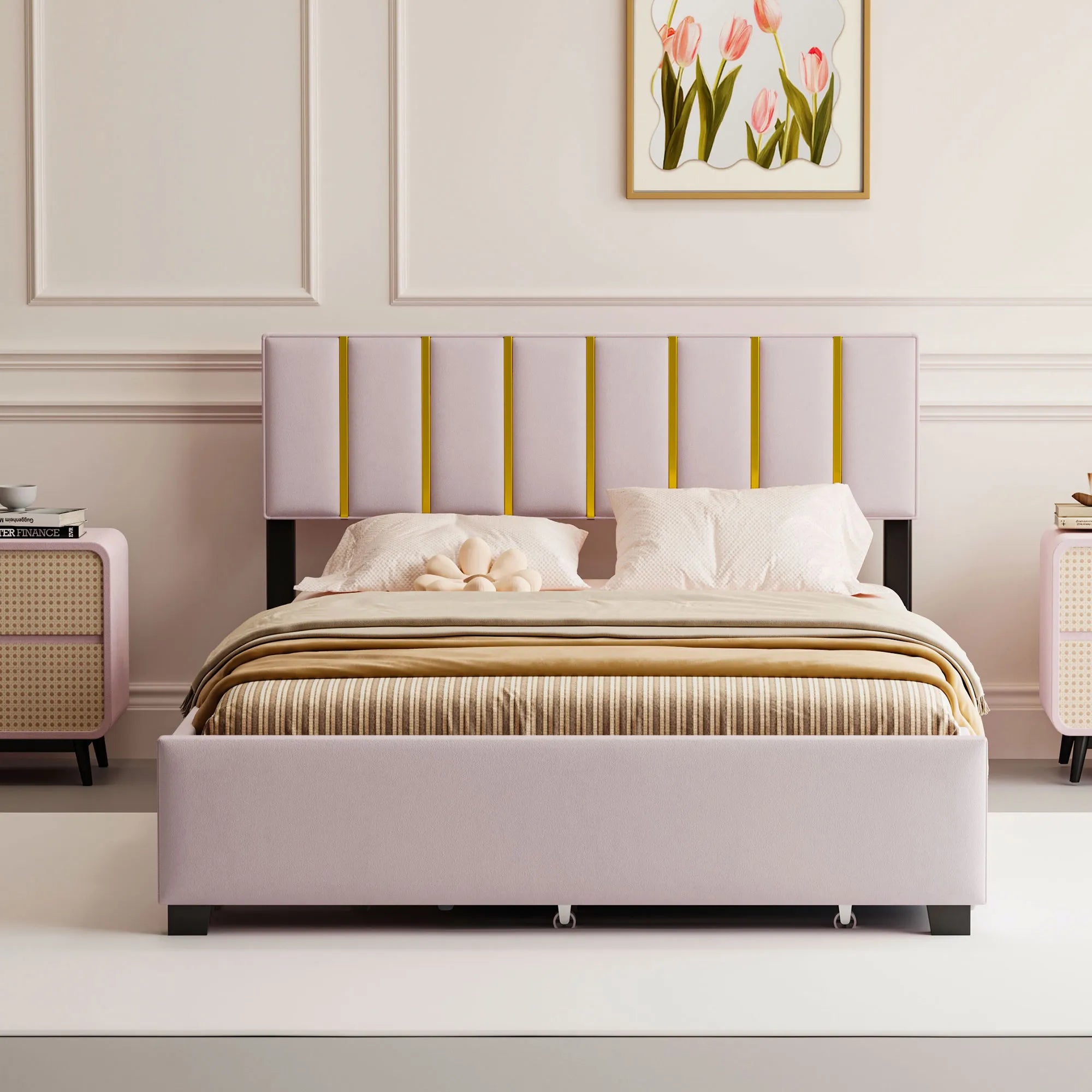 Queen Size Upholstered Bed Frame with Drawers and Trundle