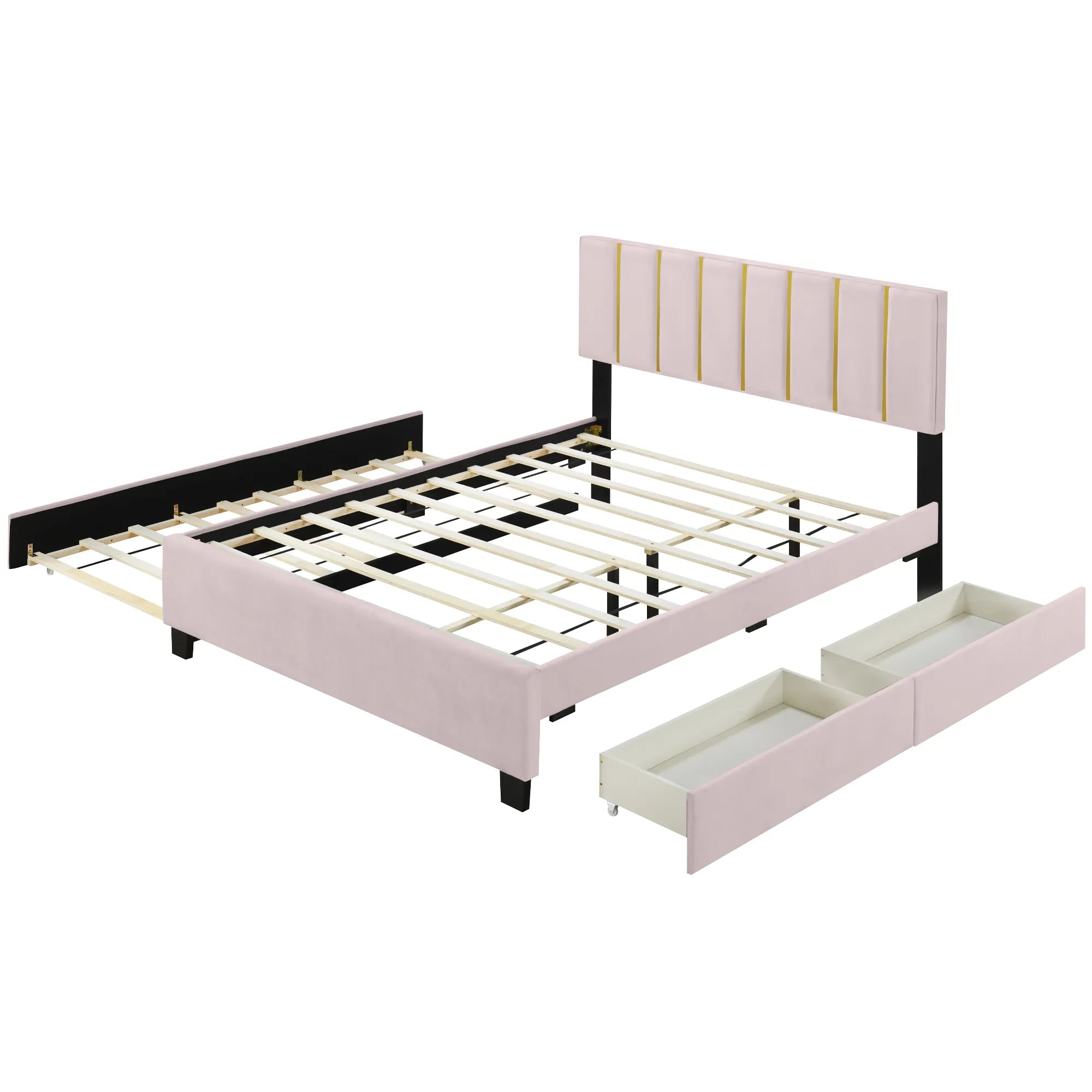 Queen Size Upholstered Bed Frame with Drawers and Trundle