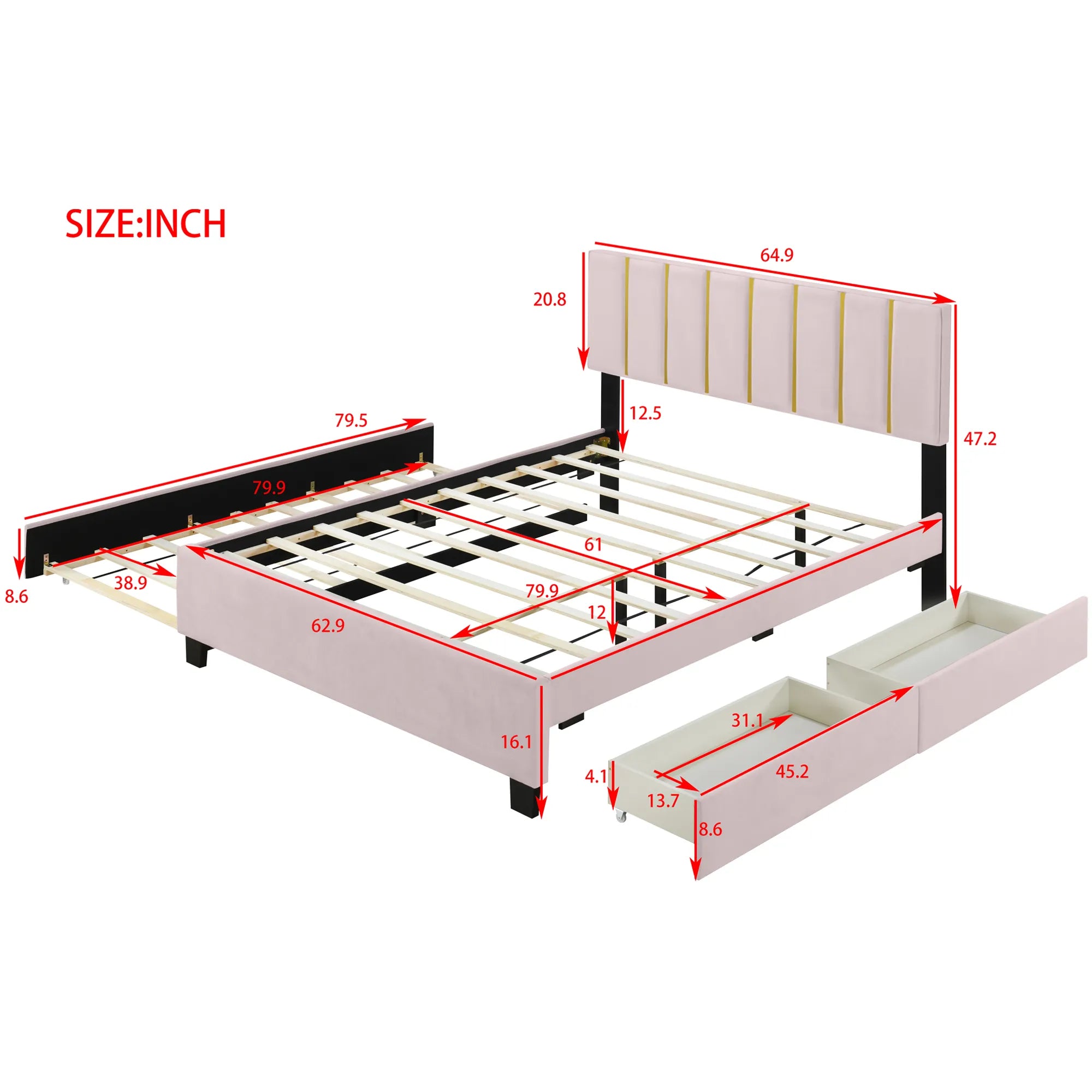Queen Size Upholstered Bed Frame with Drawers and Trundle