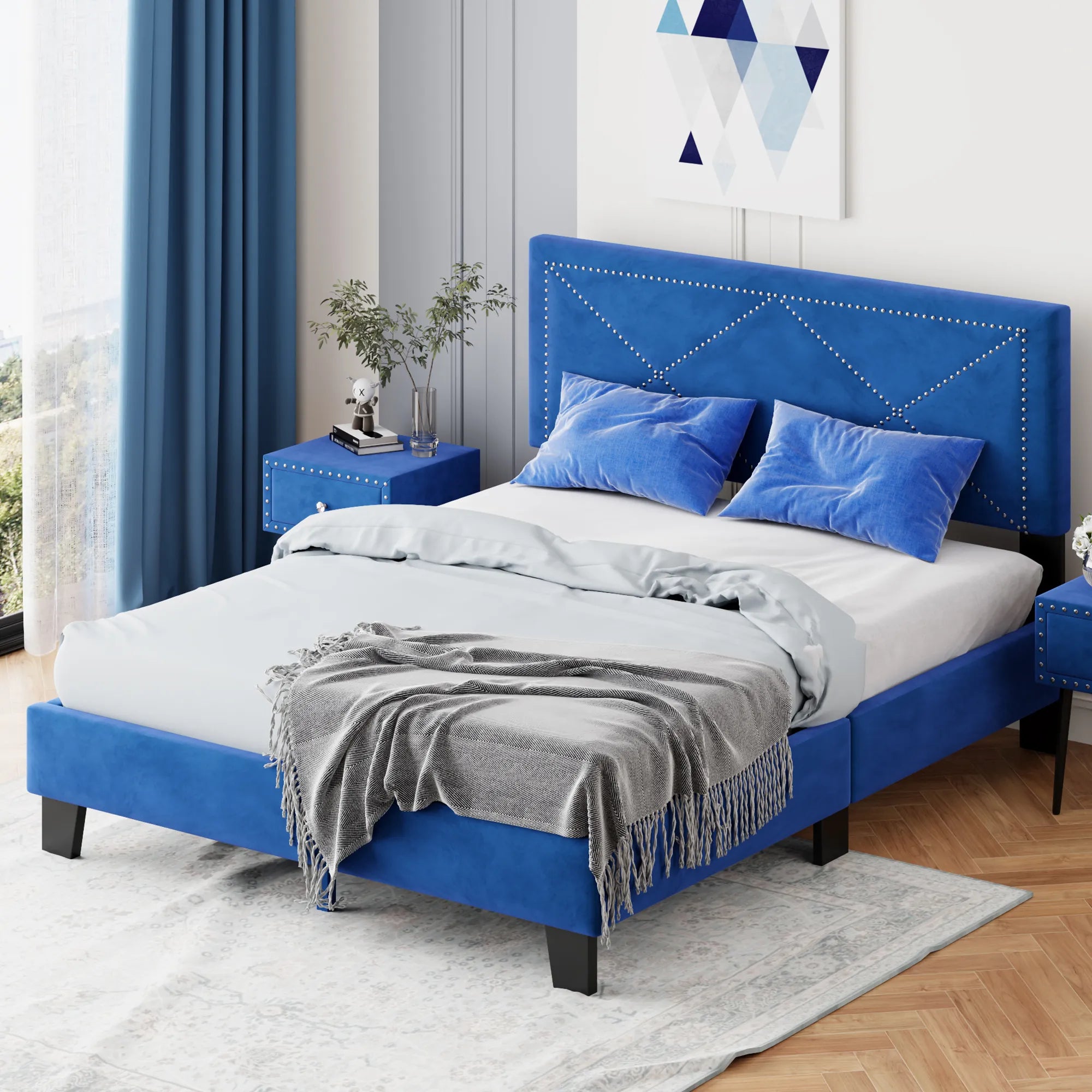 Queen Size Upholstered Modern Bed Frame with Rivet Design