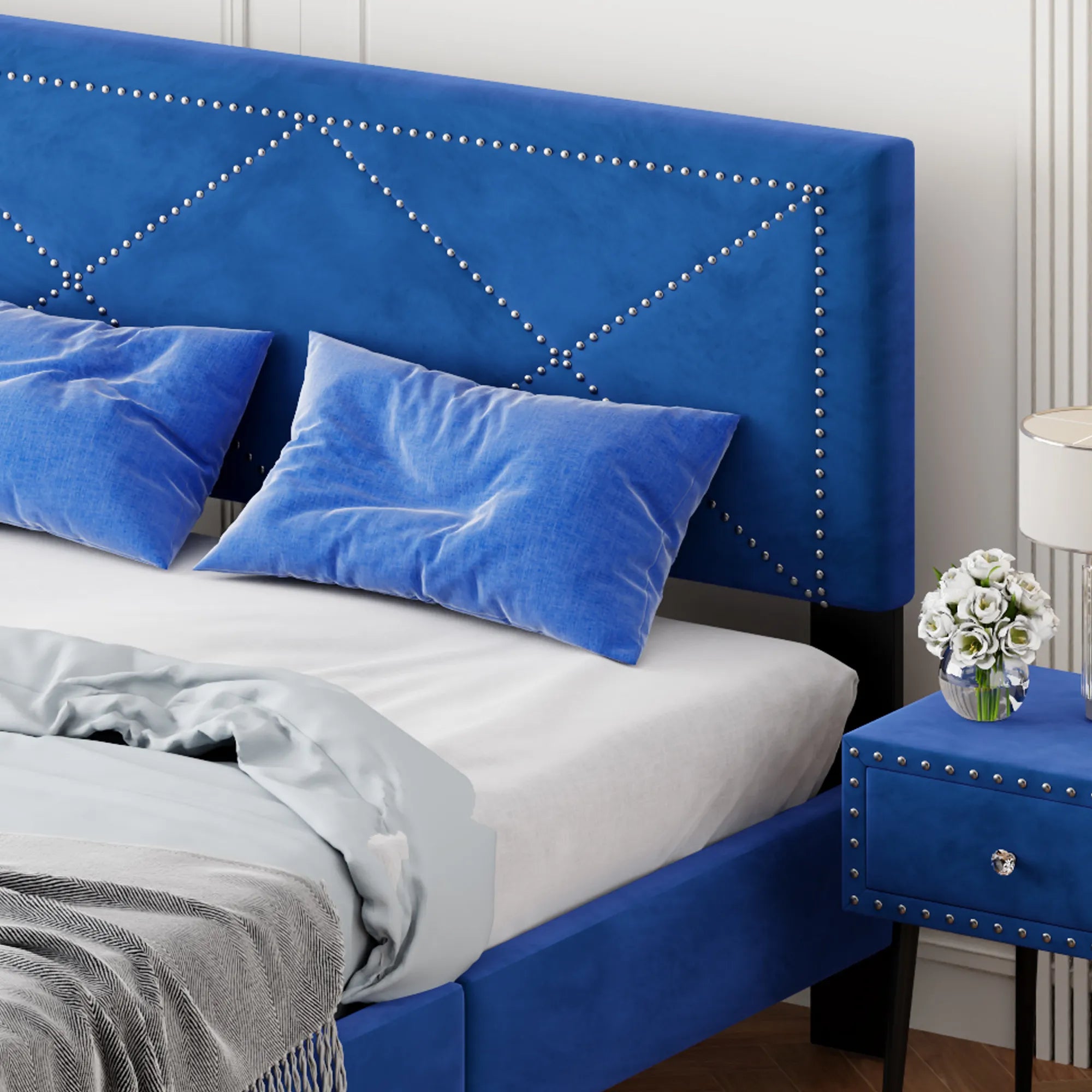 Queen Size Upholstered Modern Bed Frame with Rivet Design