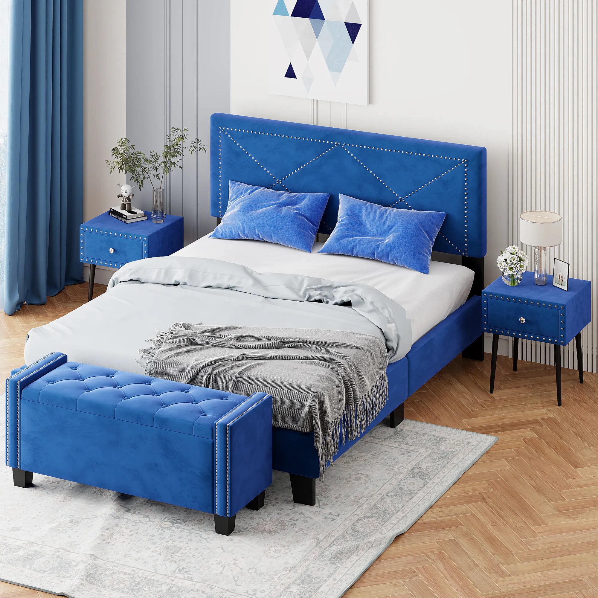 Queen Size Upholstered Modern Bed Frame with Rivet Design