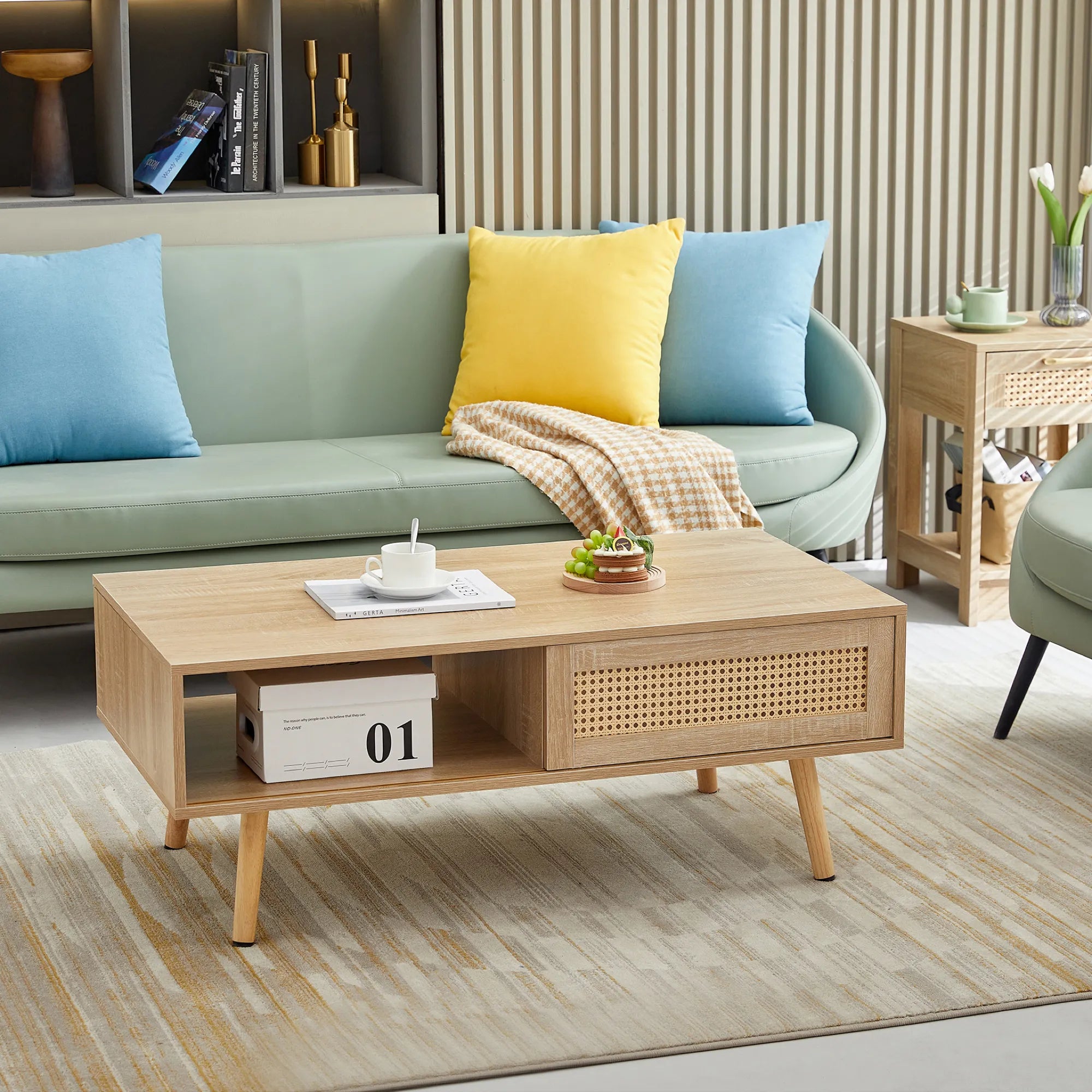 Rattan Modern Coffee Table with Sliding Door