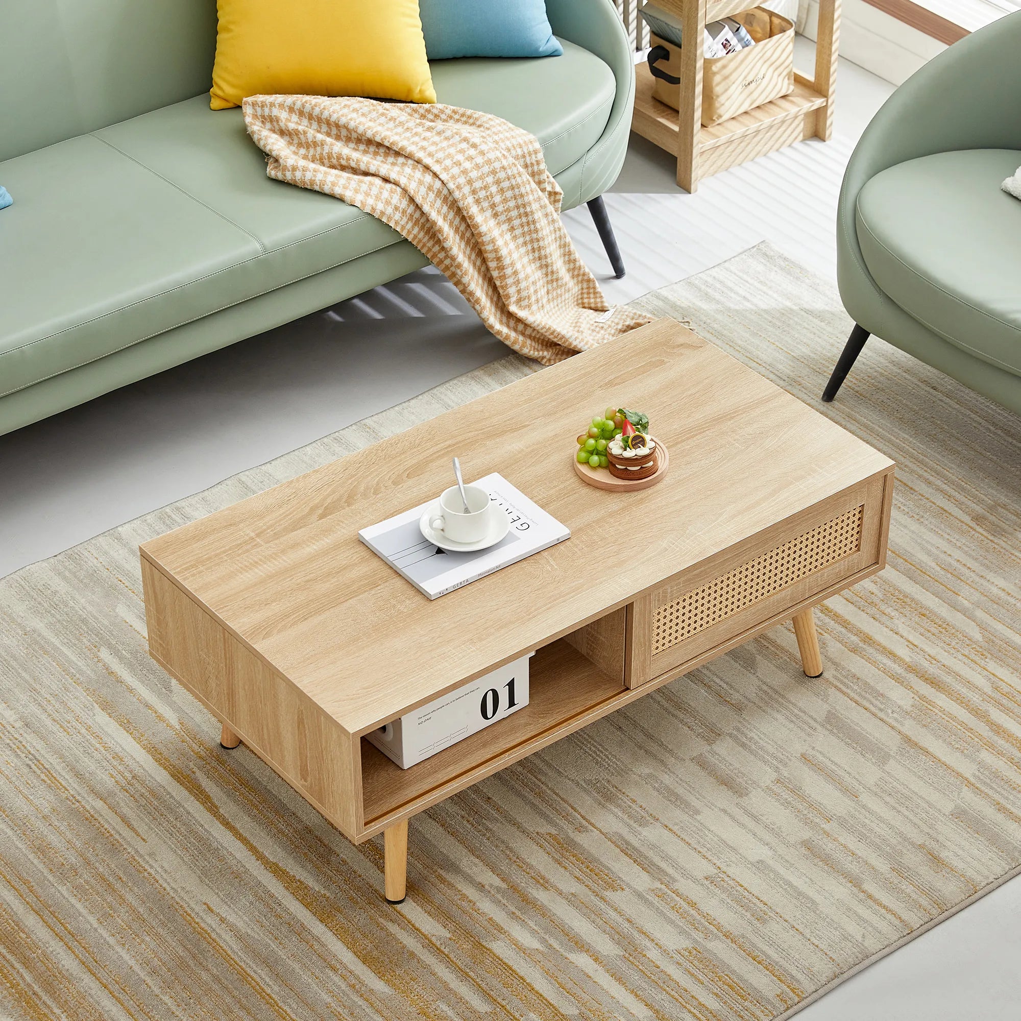 Rattan Modern Coffee Table with Sliding Door