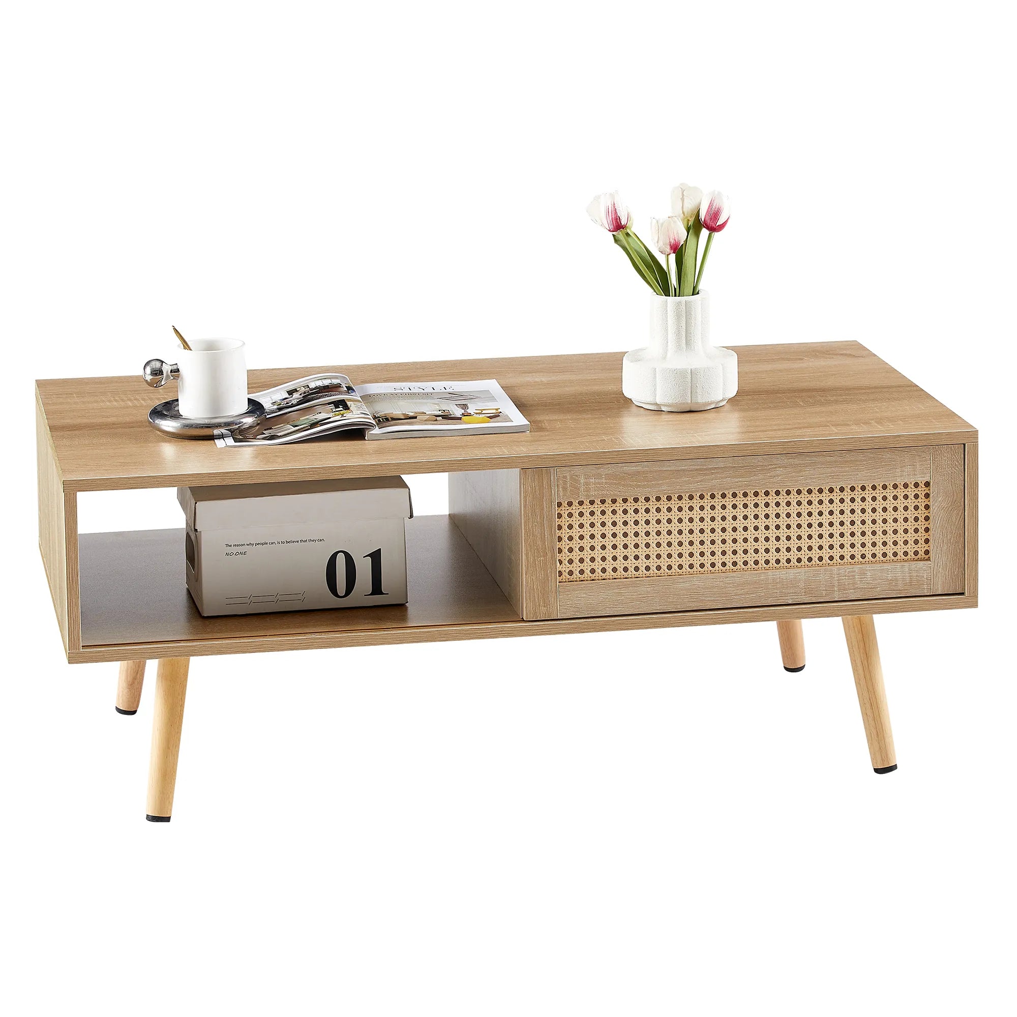 Rattan Modern Coffee Table with Sliding Door