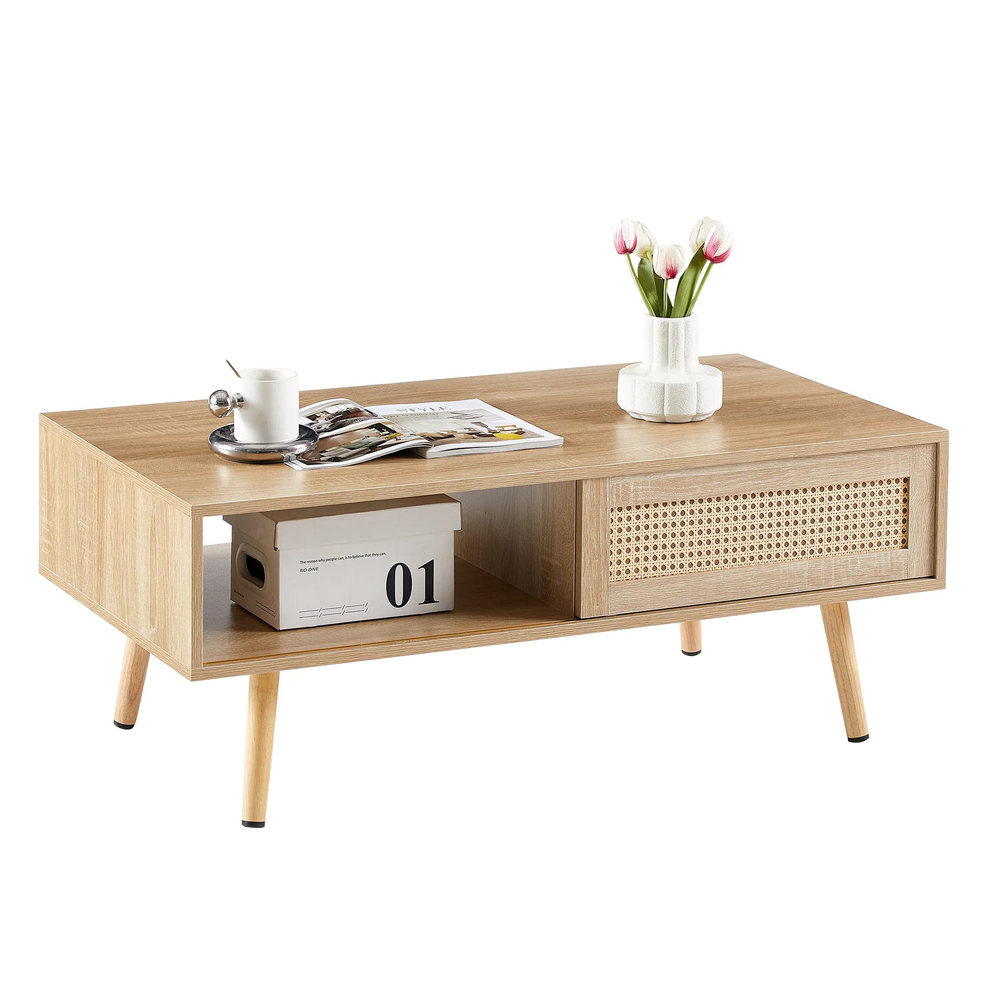 Rattan Modern Coffee Table with Sliding Door