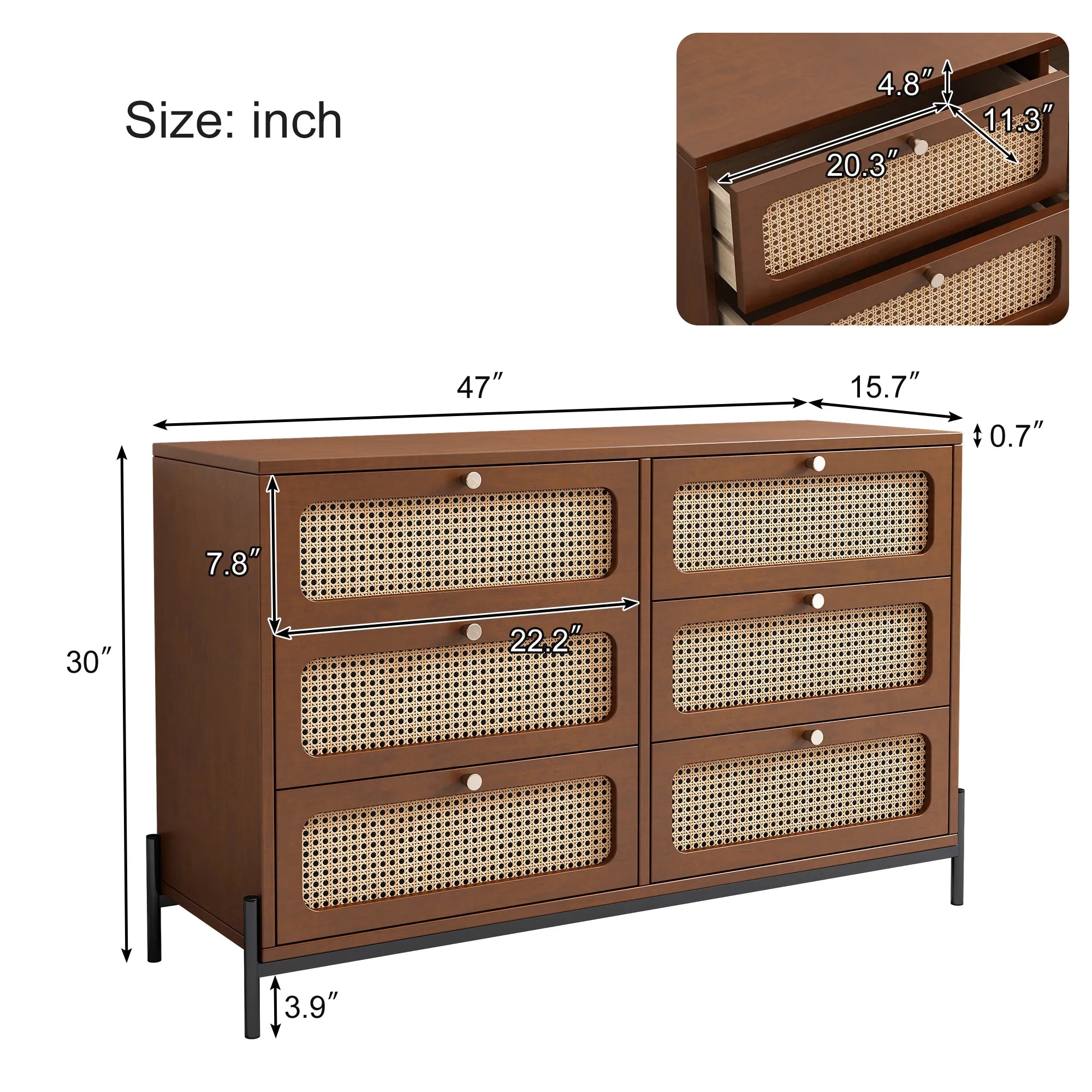Rattan Modern Sideboard Cabinet with 6 Drawers