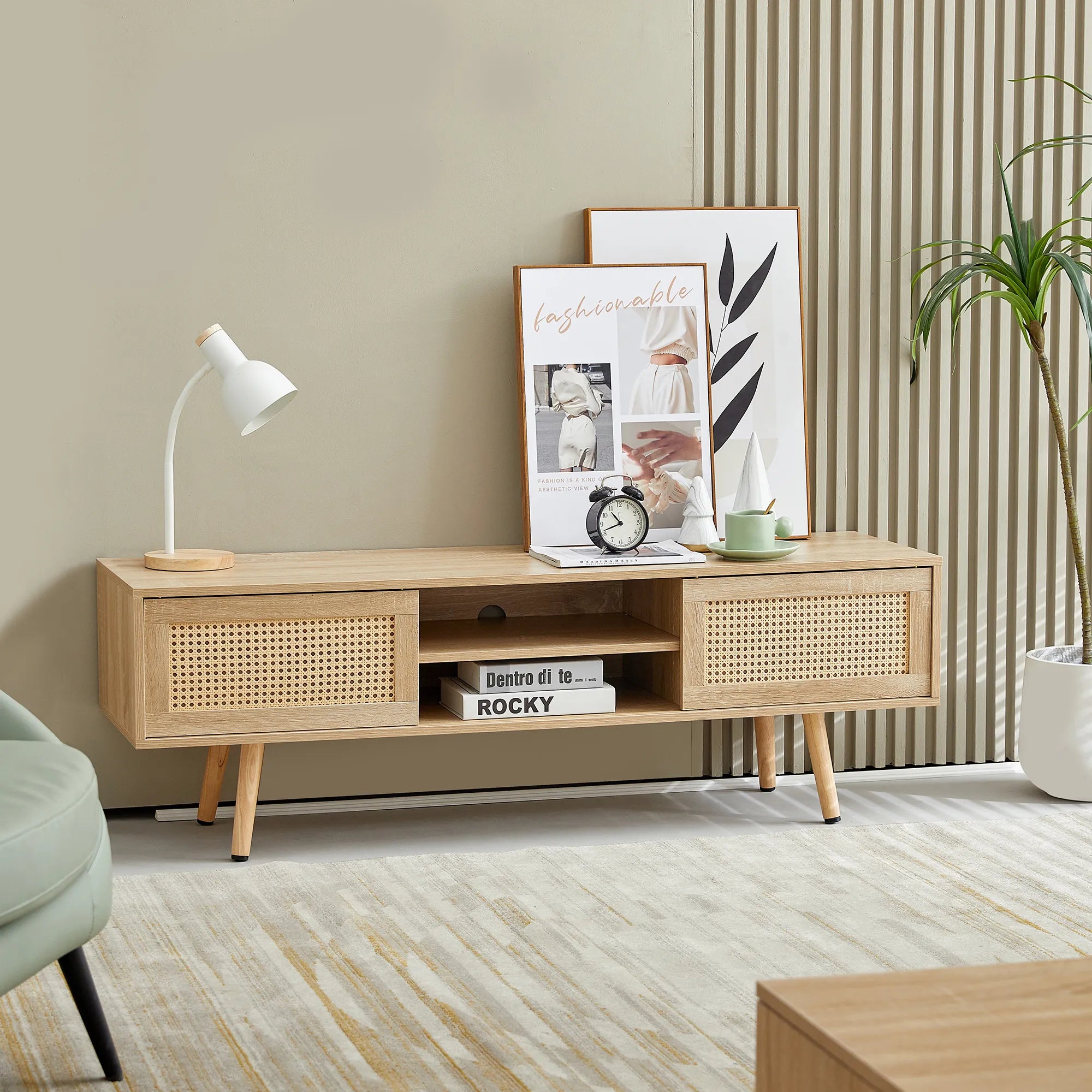 Rattan Modern TV Stand with Sliding Doors