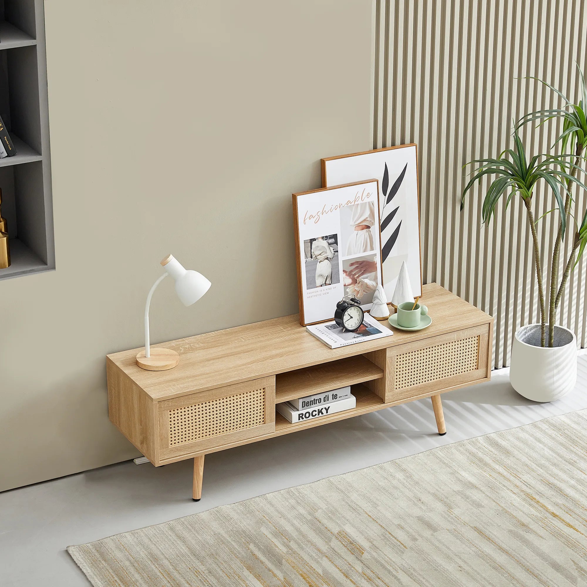 Rattan Modern TV Stand with Sliding Doors