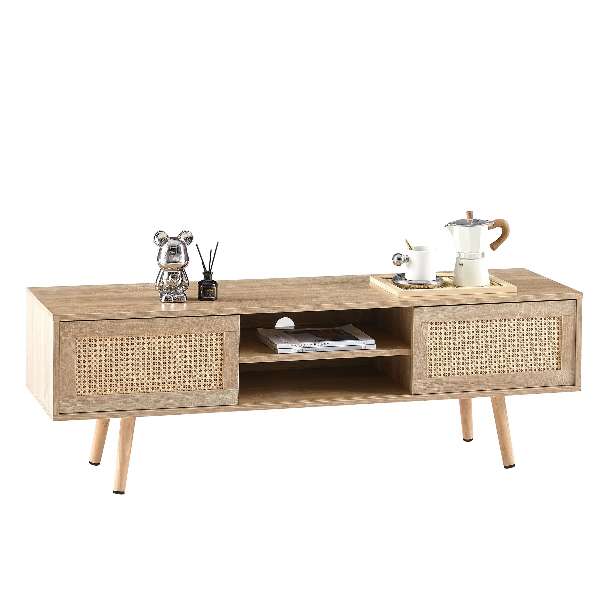 Rattan Modern TV Stand with Sliding Doors