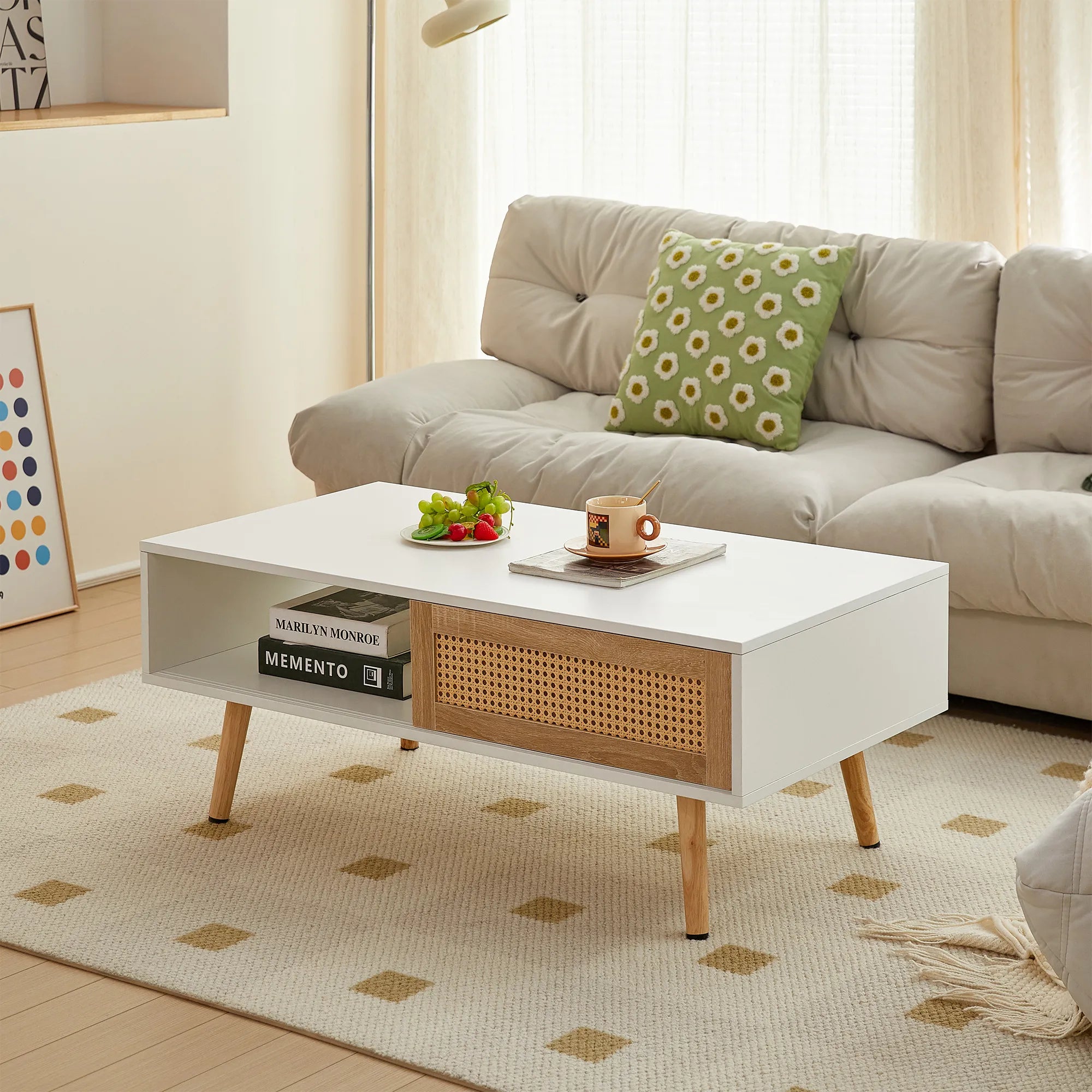 Rattan Modern Coffee Table with Sliding Door