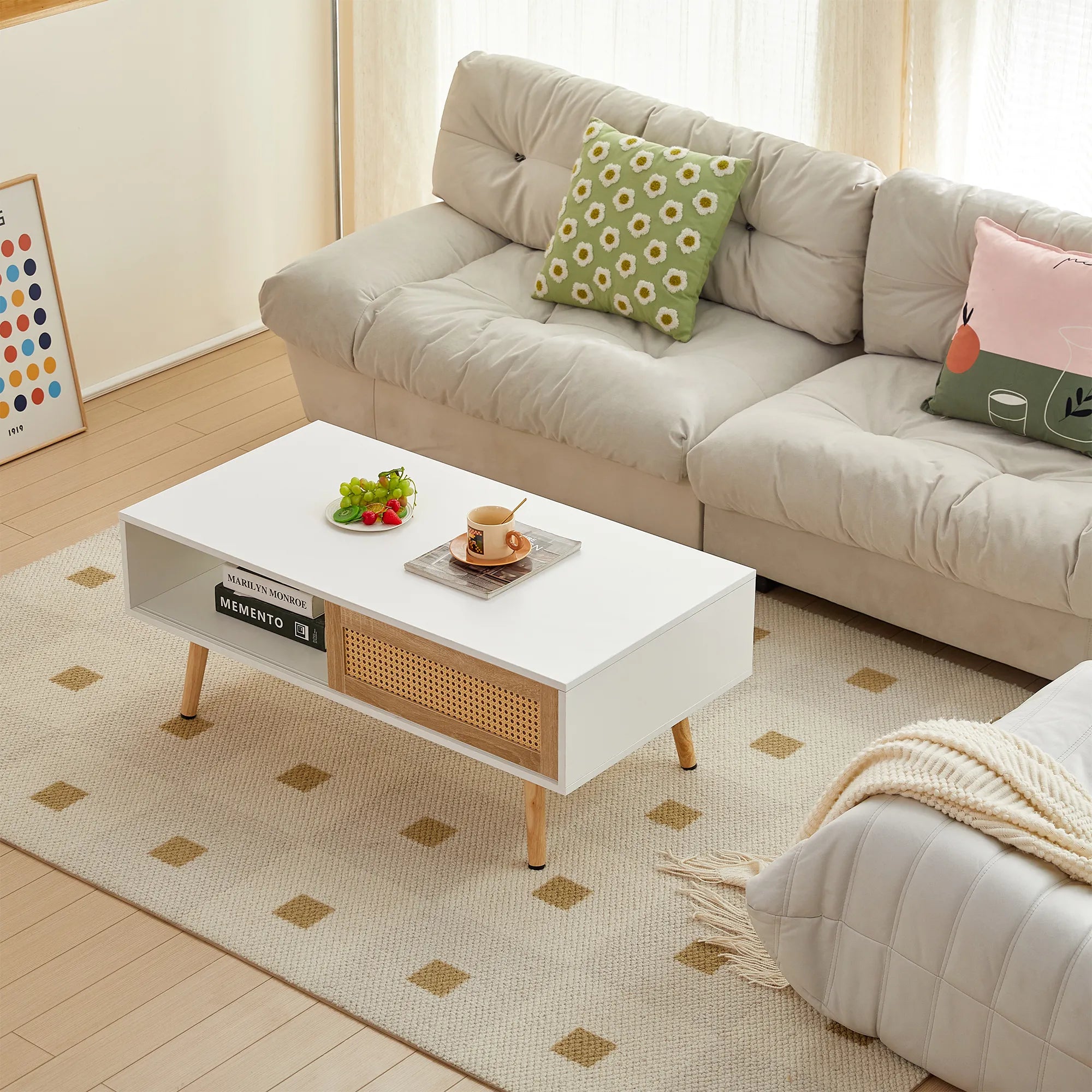 Rattan Modern Coffee Table with Sliding Door