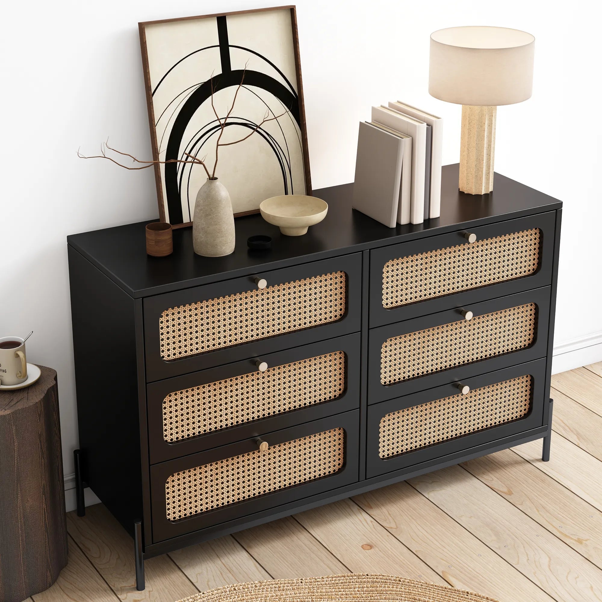 Rattan Modern Sideboard Cabinet with 6 Drawers