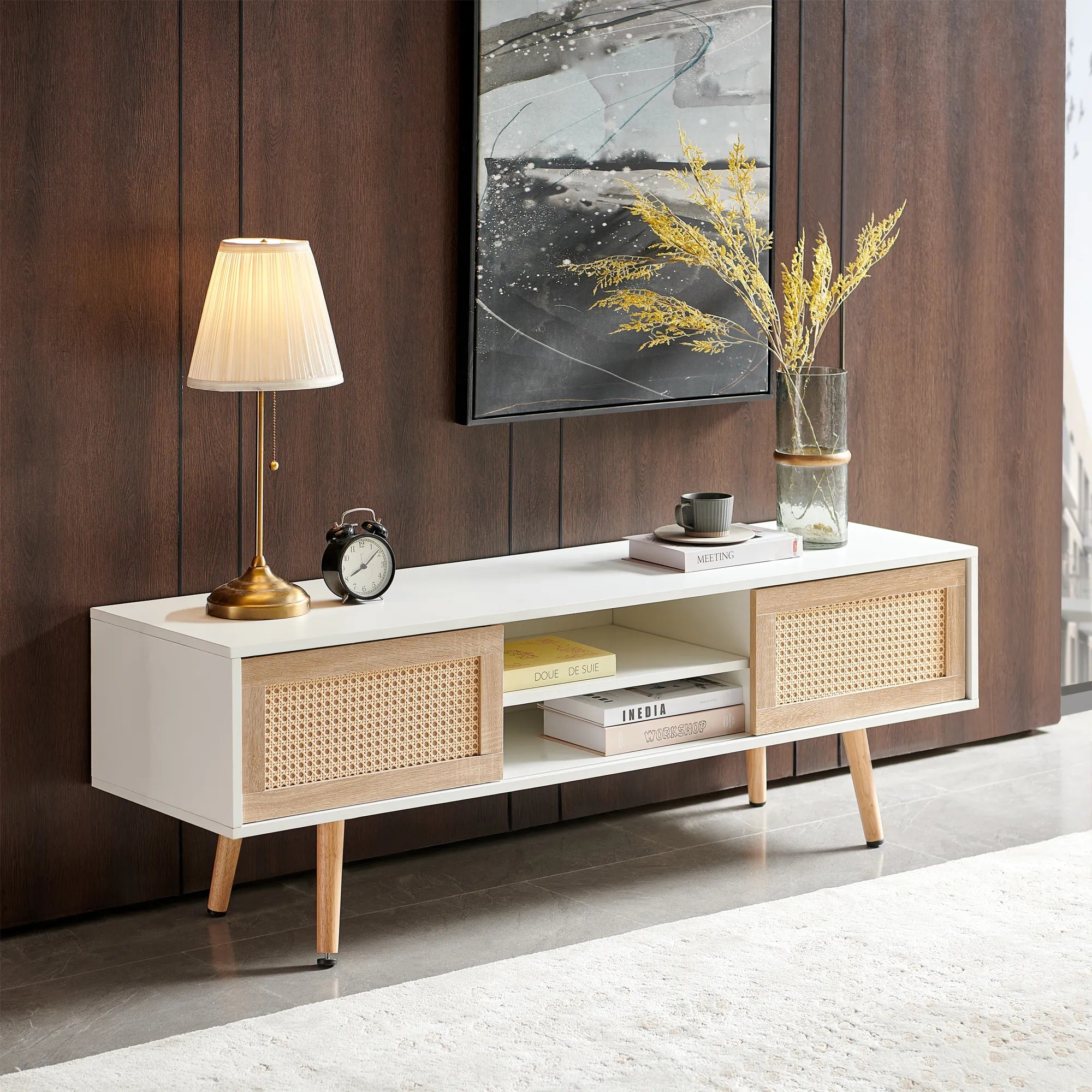 Rattan Modern TV Stand with Sliding Doors
