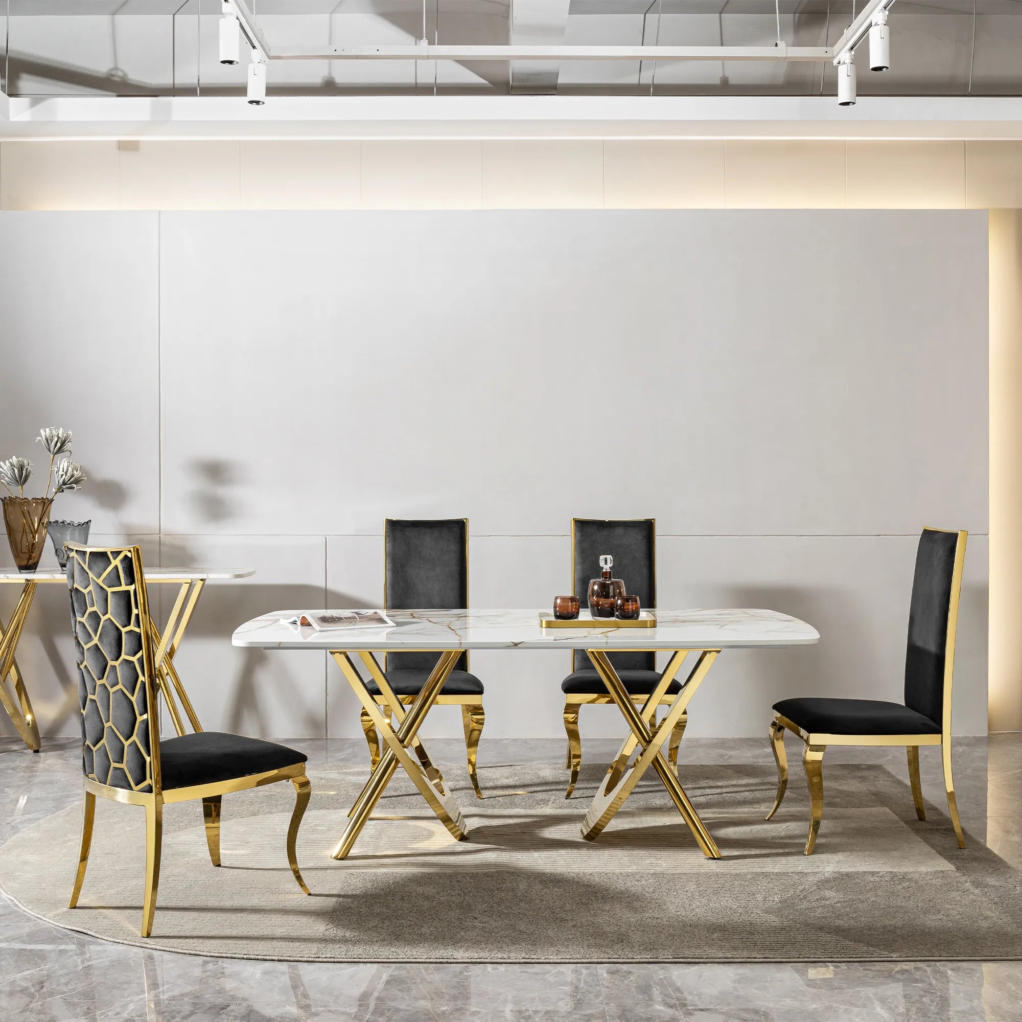 Rectangular Gold Stainless Steel Faux Marble Modern Dining Table