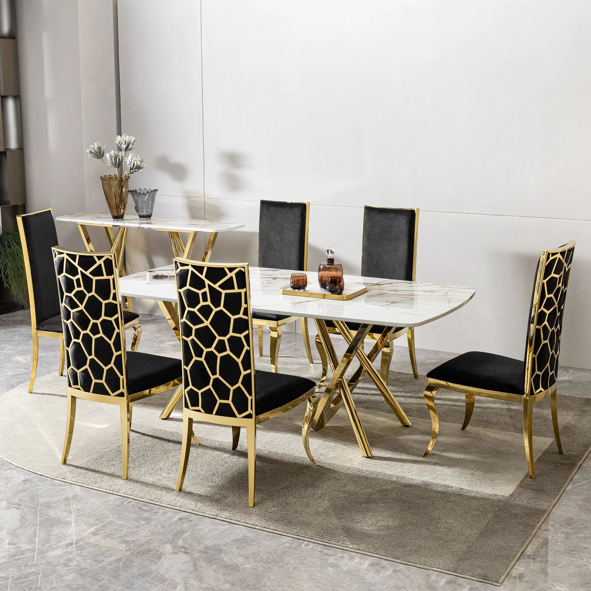 Rectangular Gold Stainless Steel Faux Marble Modern Dining Table