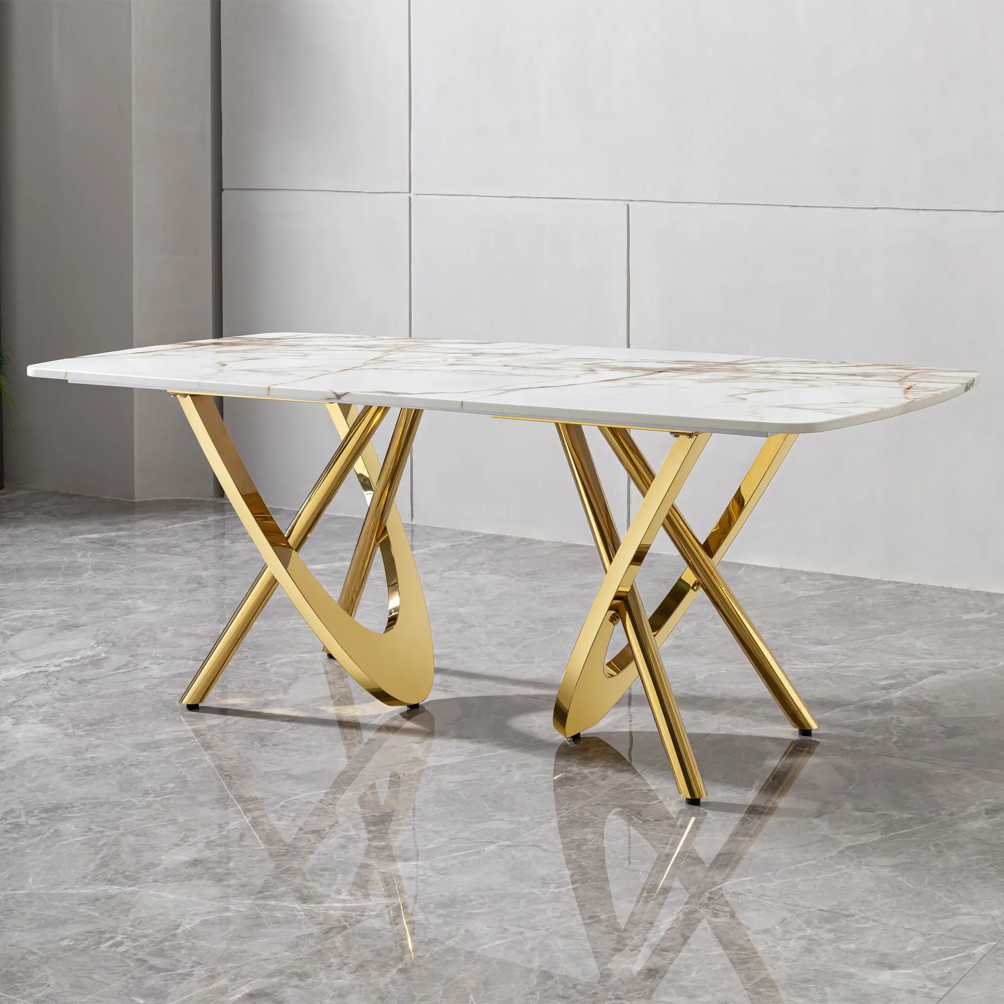 Rectangular Gold Stainless Steel Faux Marble Modern Dining Table